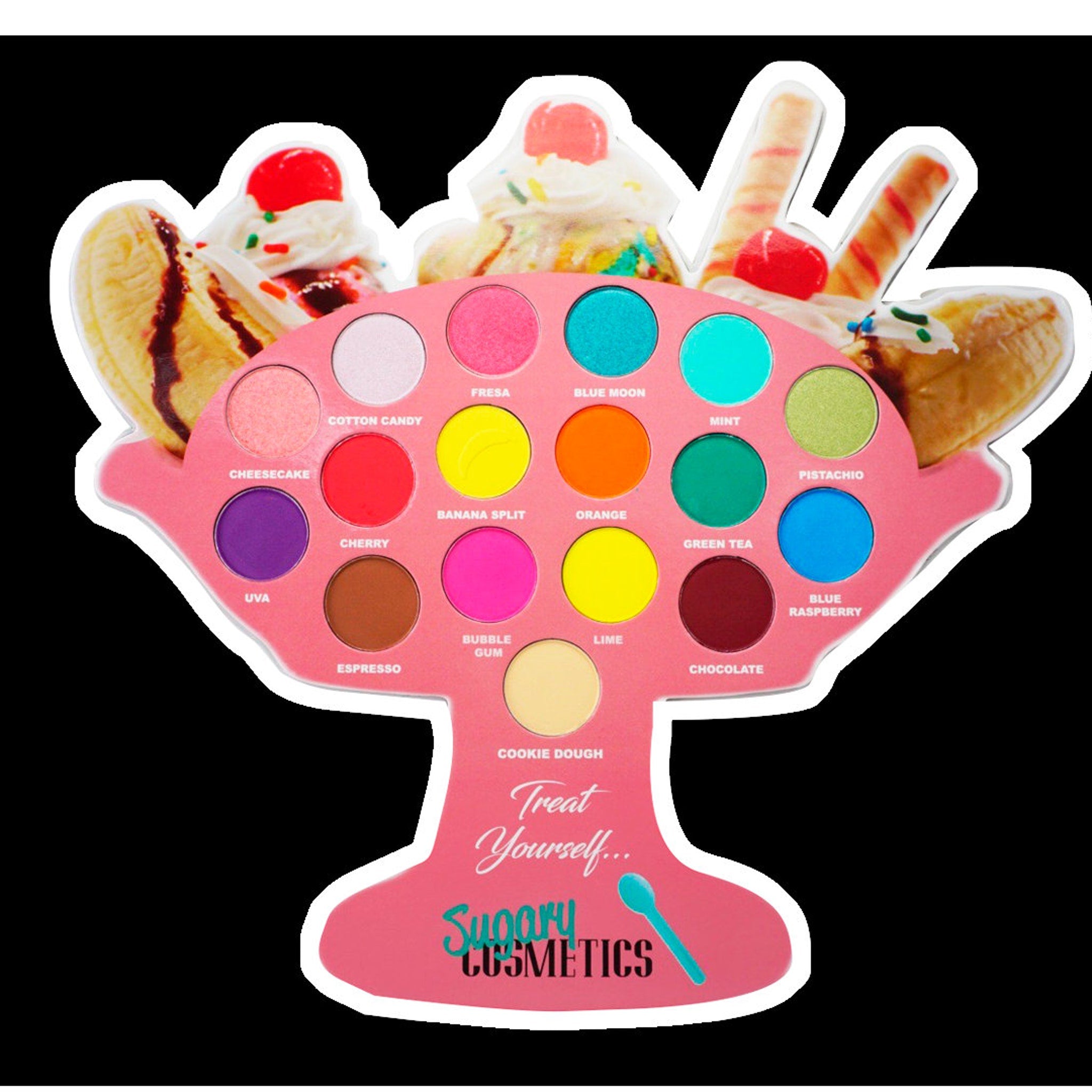 Eyeshadow palette with pink, colorful eyeshadows, and Sugary Cosmetics brand text