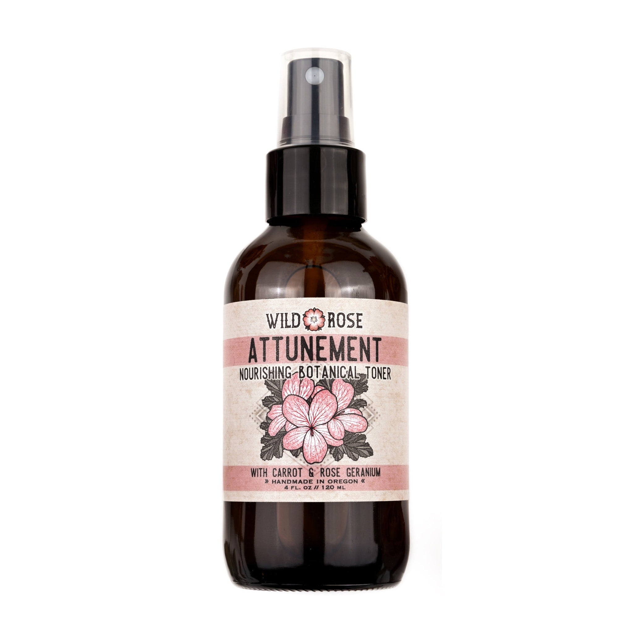 Toner bottle with brown glass, white label, and floral design, Wild Rose brand