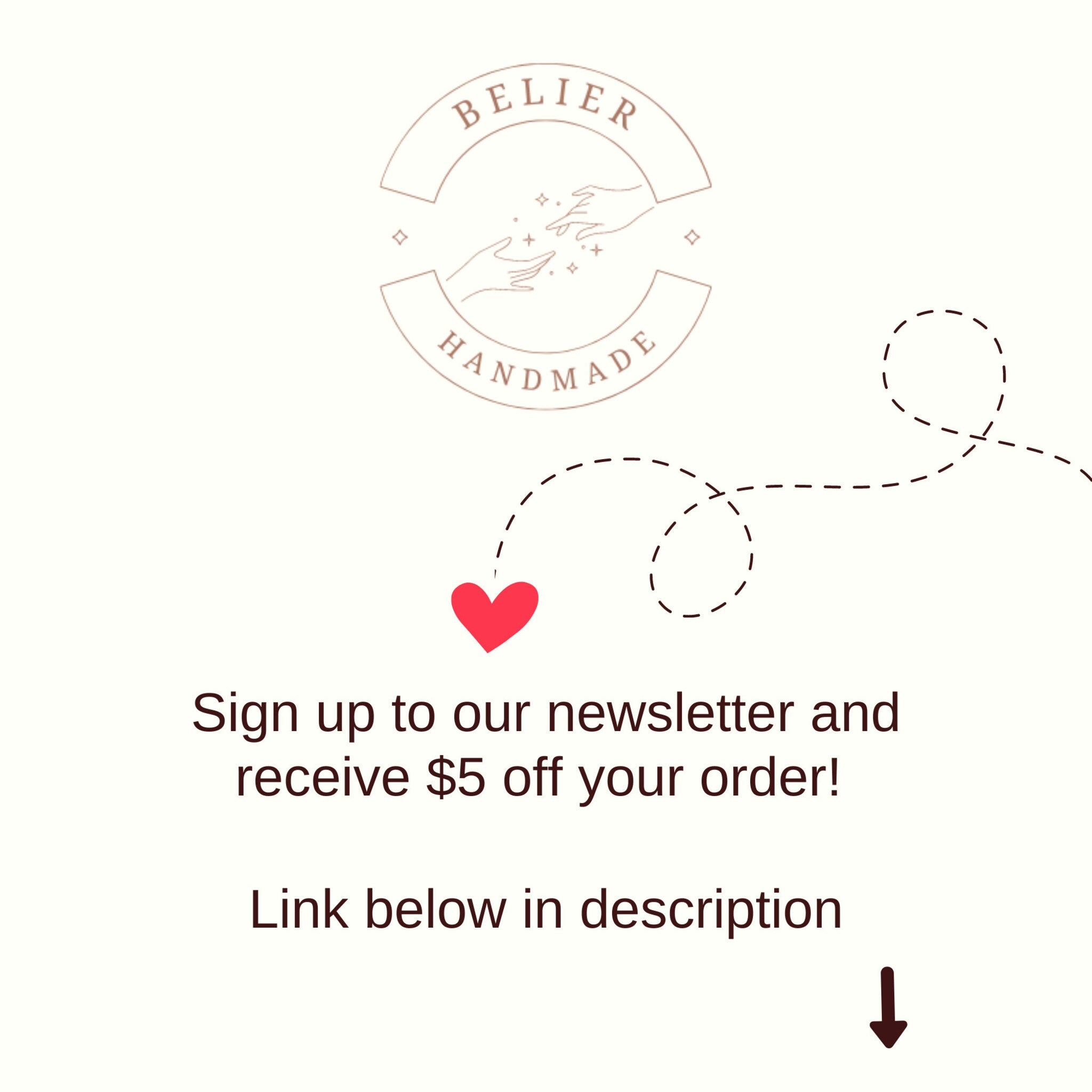 Newsletter signup graphic with red heart, dashed line, and Belier Handmade logo in brown tones