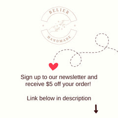 Newsletter signup graphic with red heart, dashed line, and Belier Handmade logo in brown tones
