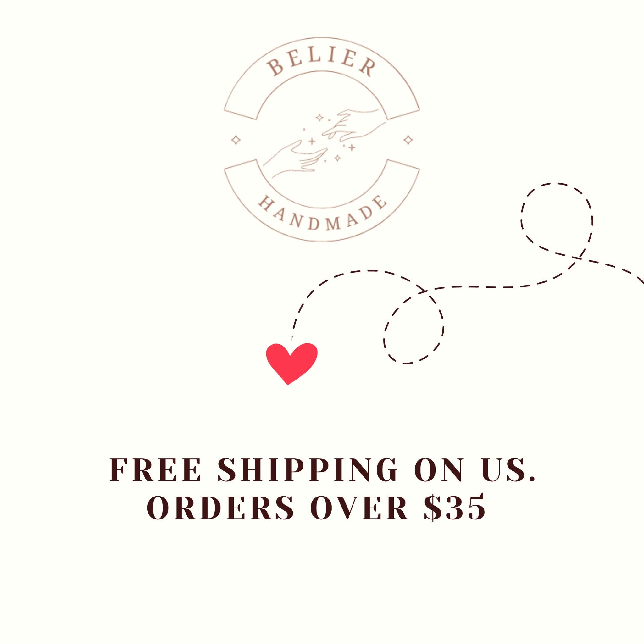 Belier Handmade logo with dashed line, red heart, and text on cream background