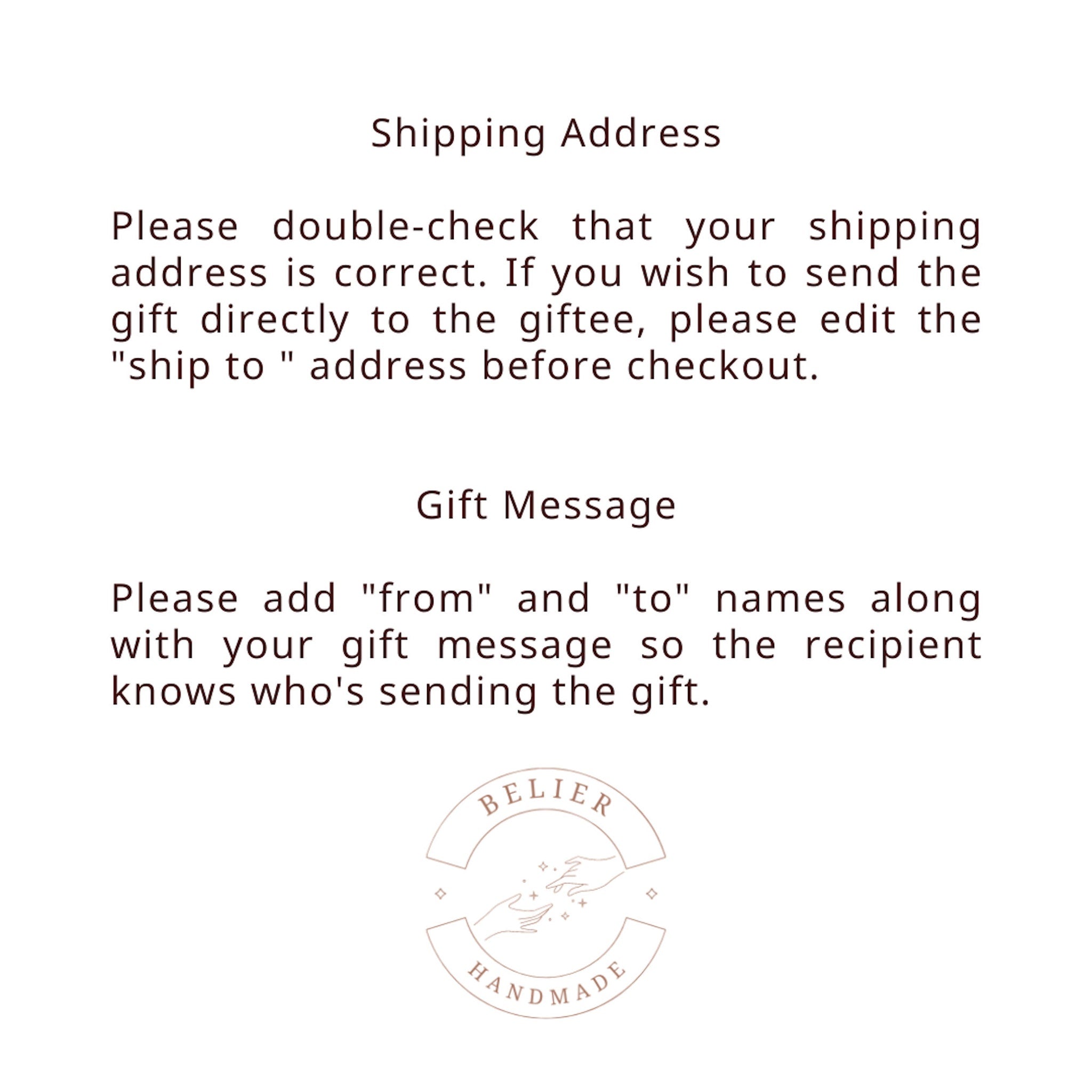 Shipping information text on cream background with Belier Handmade logo in brown and white circle