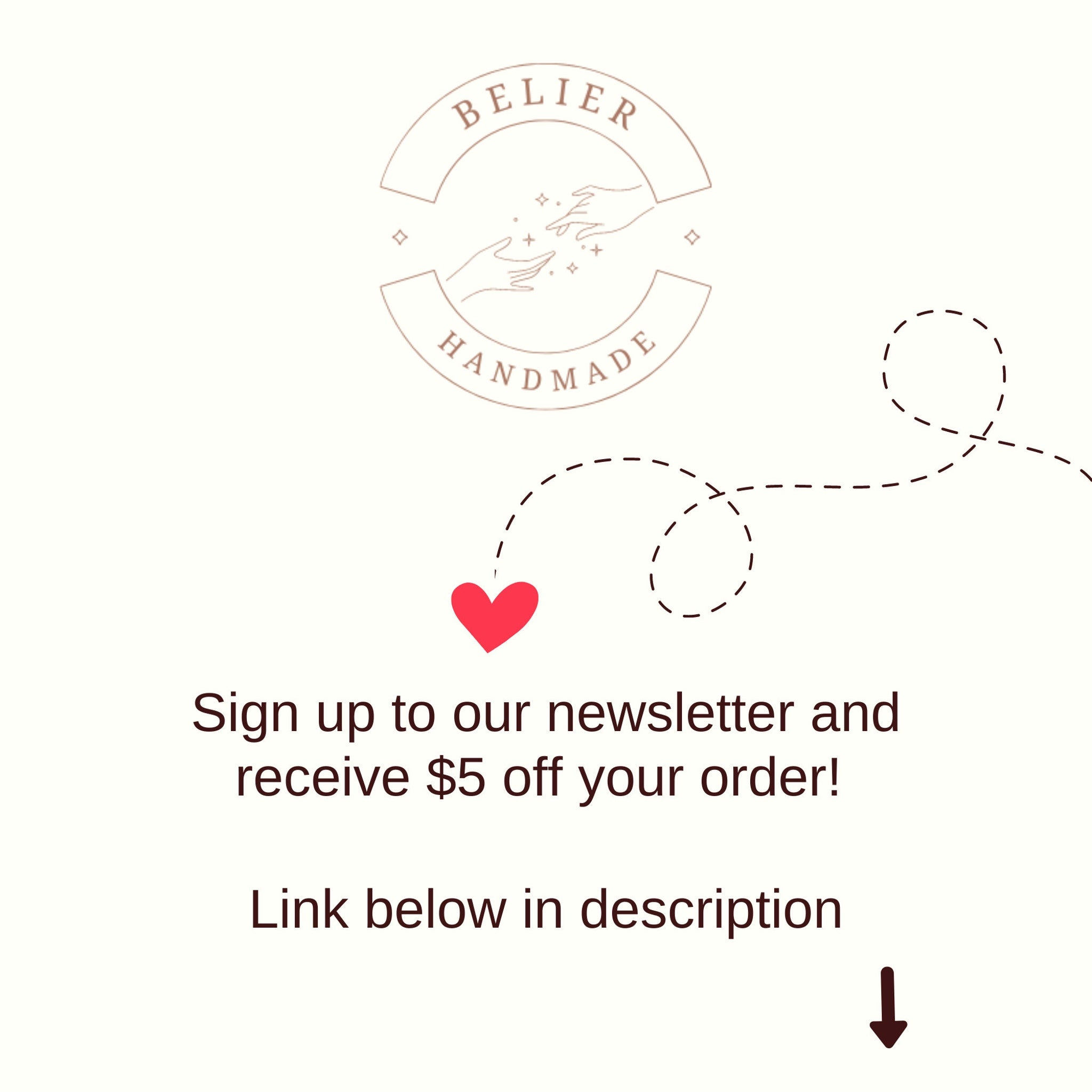 Newsletter signup graphic with red heart, dashed line, and Belier Handmade logo in brown tones