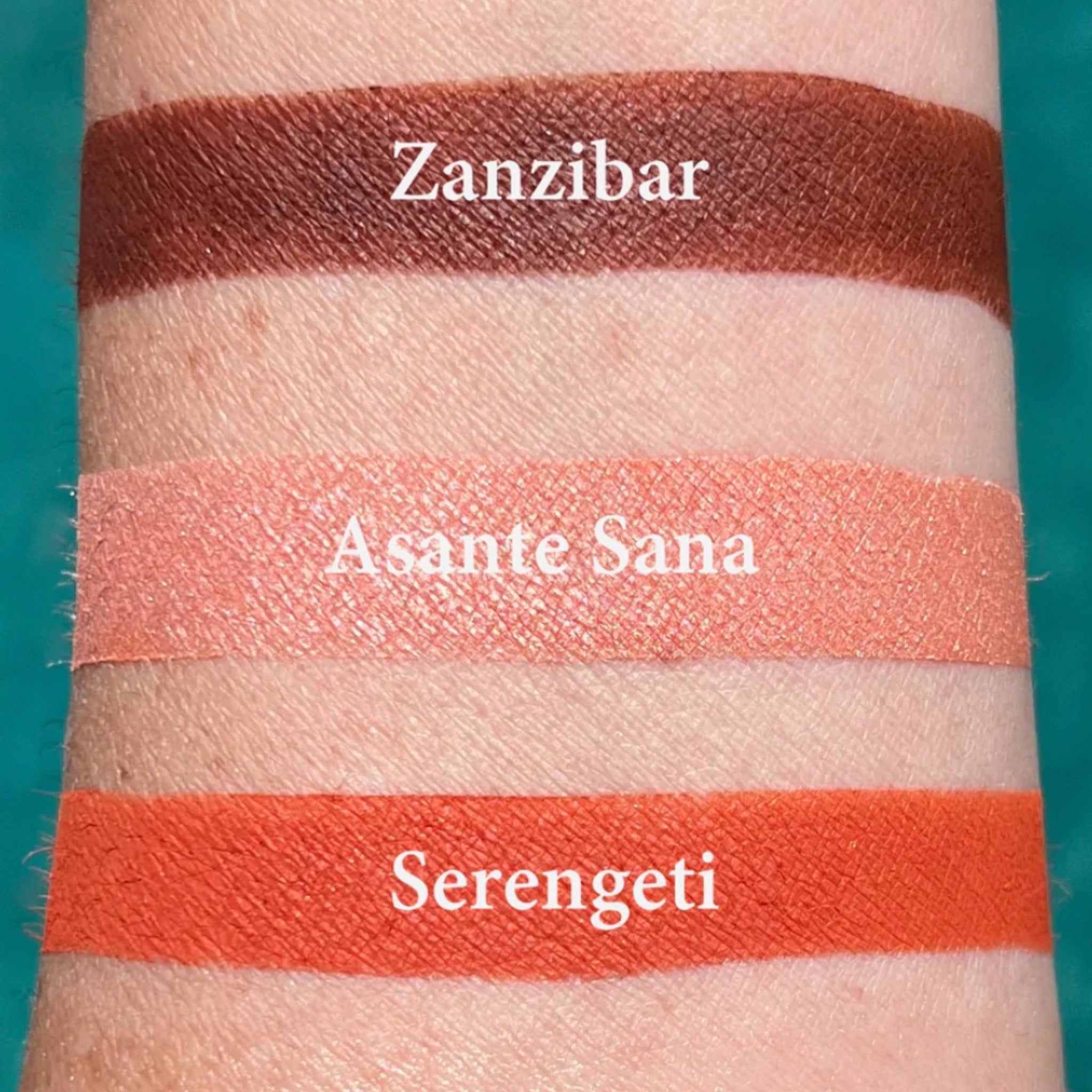 Close-up of pressed vegan eyeshadow pan showing rich Zanzibar shade with smooth matte finish in compact case