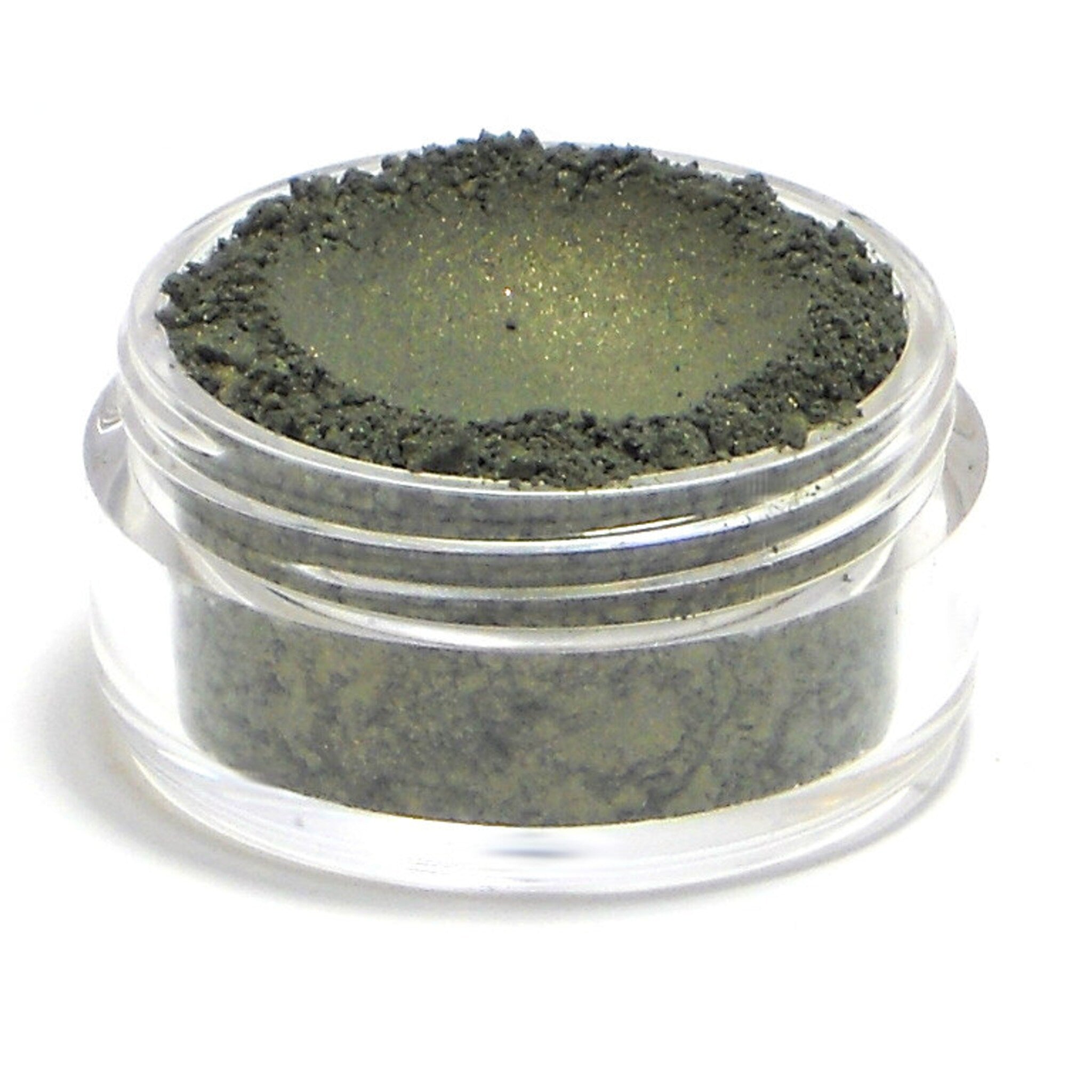 Eye shadow powder in green with shimmer and clear plastic jar