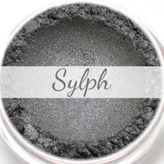 Vegan eyeshadow, silver metallic powder, with "Sylph" text overlay