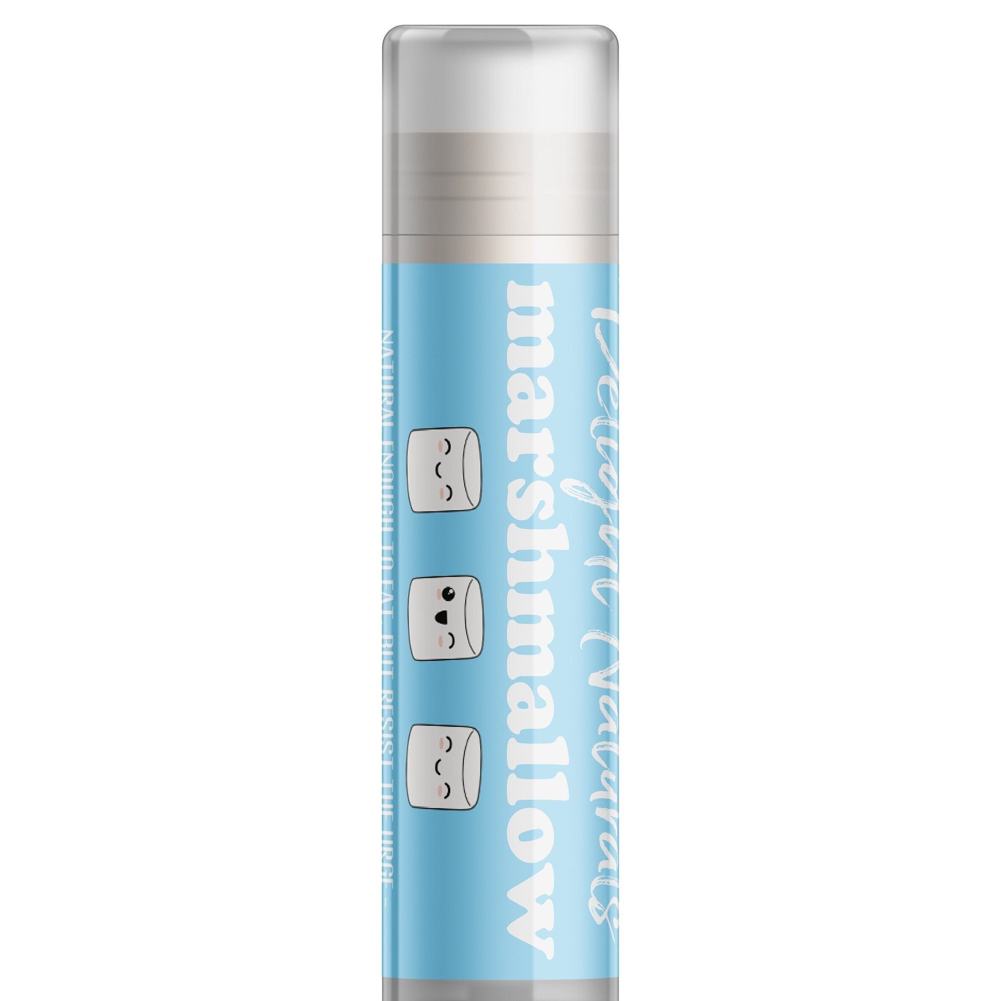 Lip balm tube with light blue label, white text "Marshmallow" and Delight Naturals branding, for lips