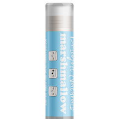 Lip balm tube with light blue label, white text "Marshmallow" and Delight Naturals branding, for lips