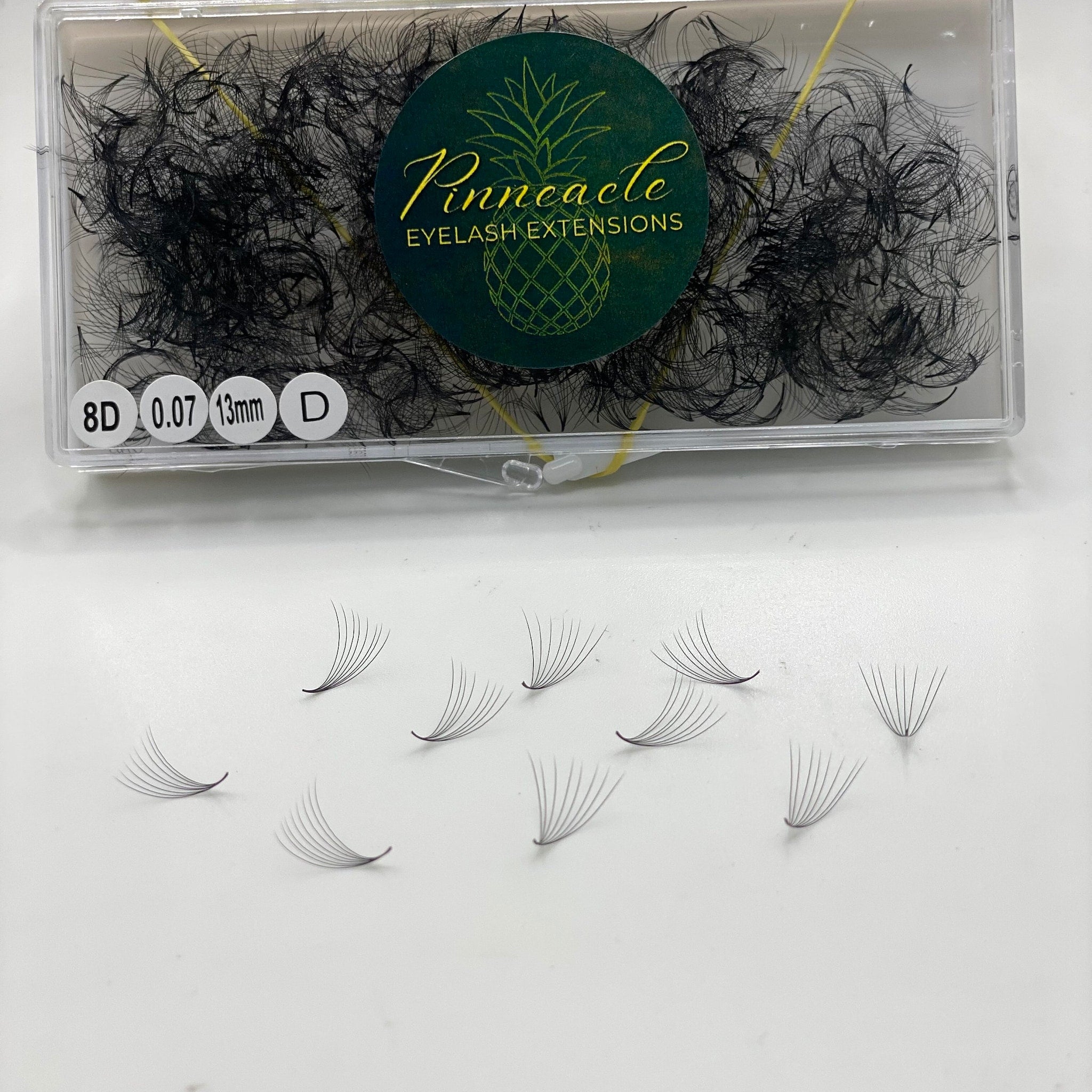 Eyelash extensions in black, packaged in clear case with brand label and individual fans visible