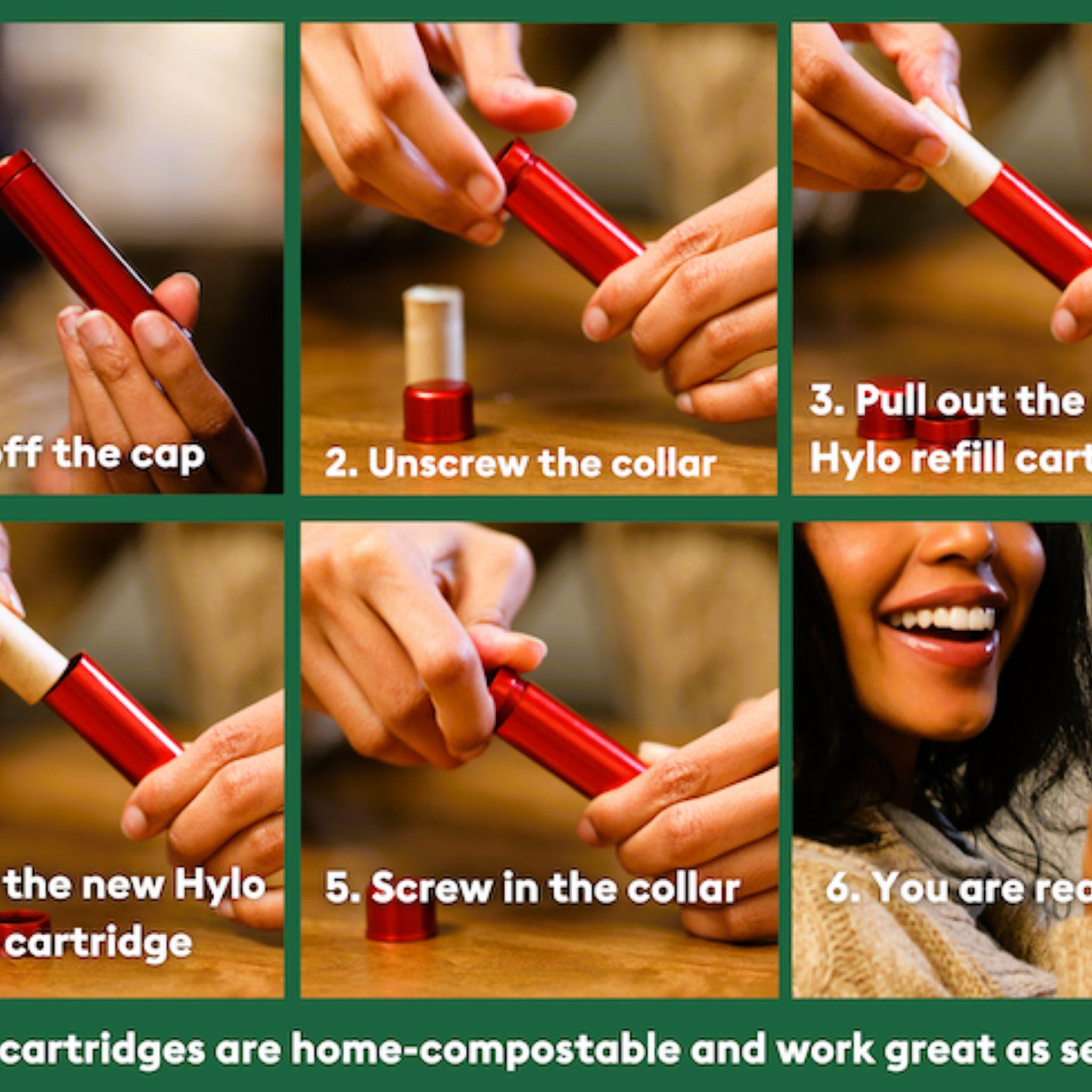 Hylo refill cartridge instructions, red metal tube, white cartridge, and smiling person