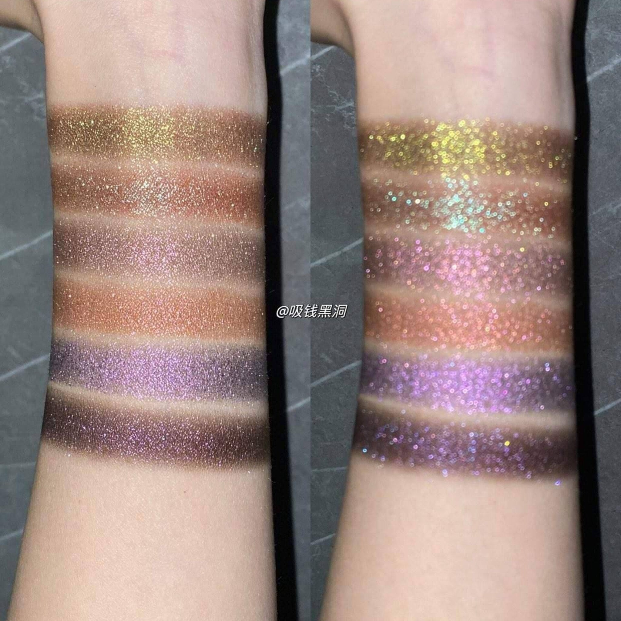 Close-up of pressed purple-olive eyeshadow pan with shimmering trichrome color shift and sparkling finish