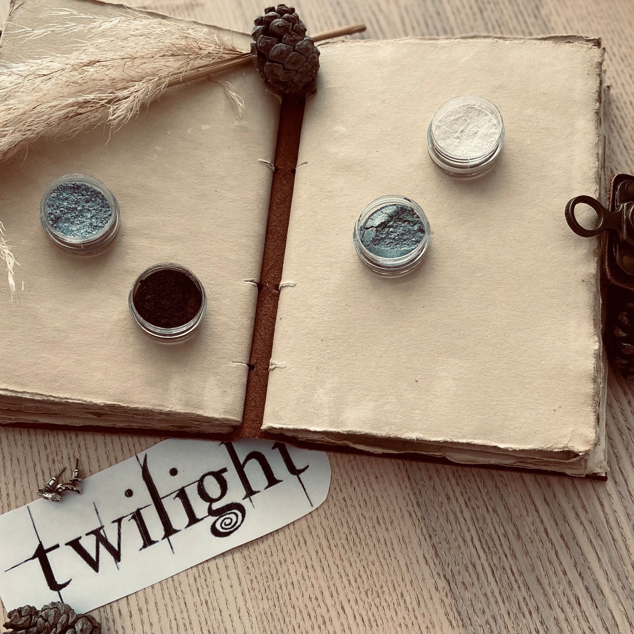 Eye shadow set with blue, silver, and brown shades on open book with "twilight" text
