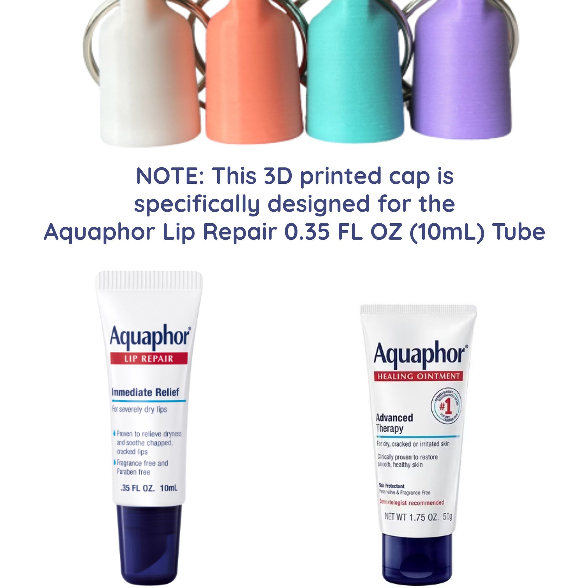 Aquaphor Lip Repair tubes with white, blue, and red labels, and colorful 3D printed caps