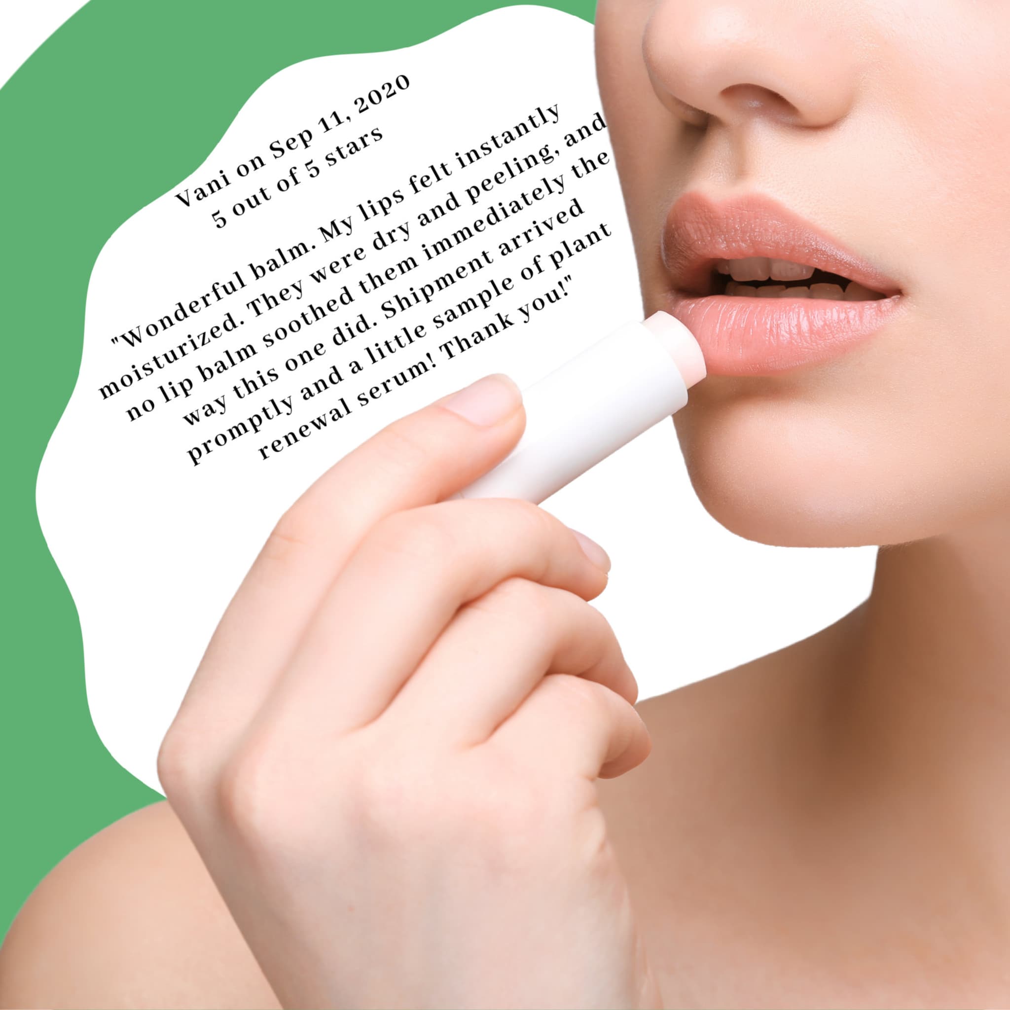 Lip balm application, white tube, pink lips, held by hand, close-up view