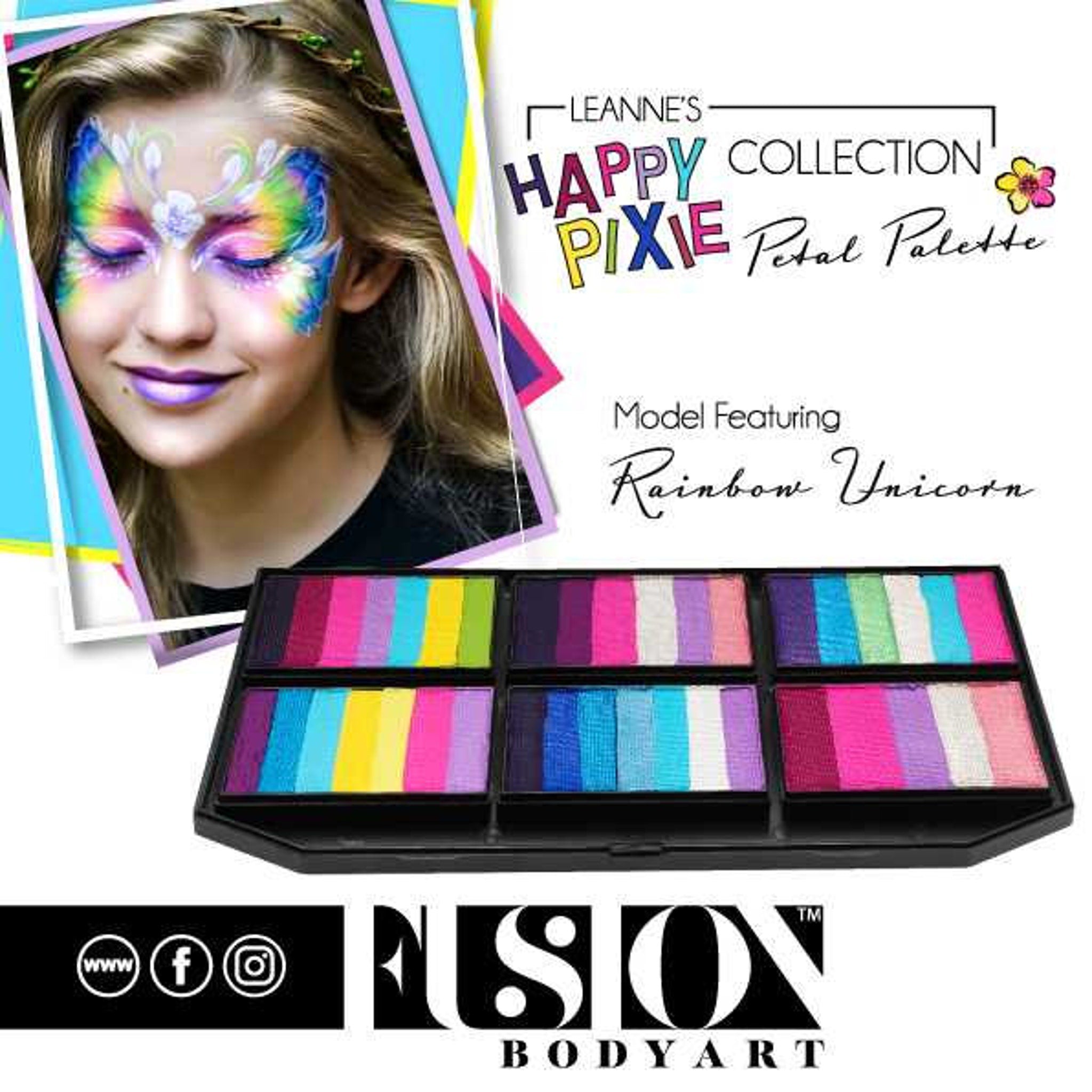 Face paint palette with rainbow colors, black tray, and Fusion Body Art logo