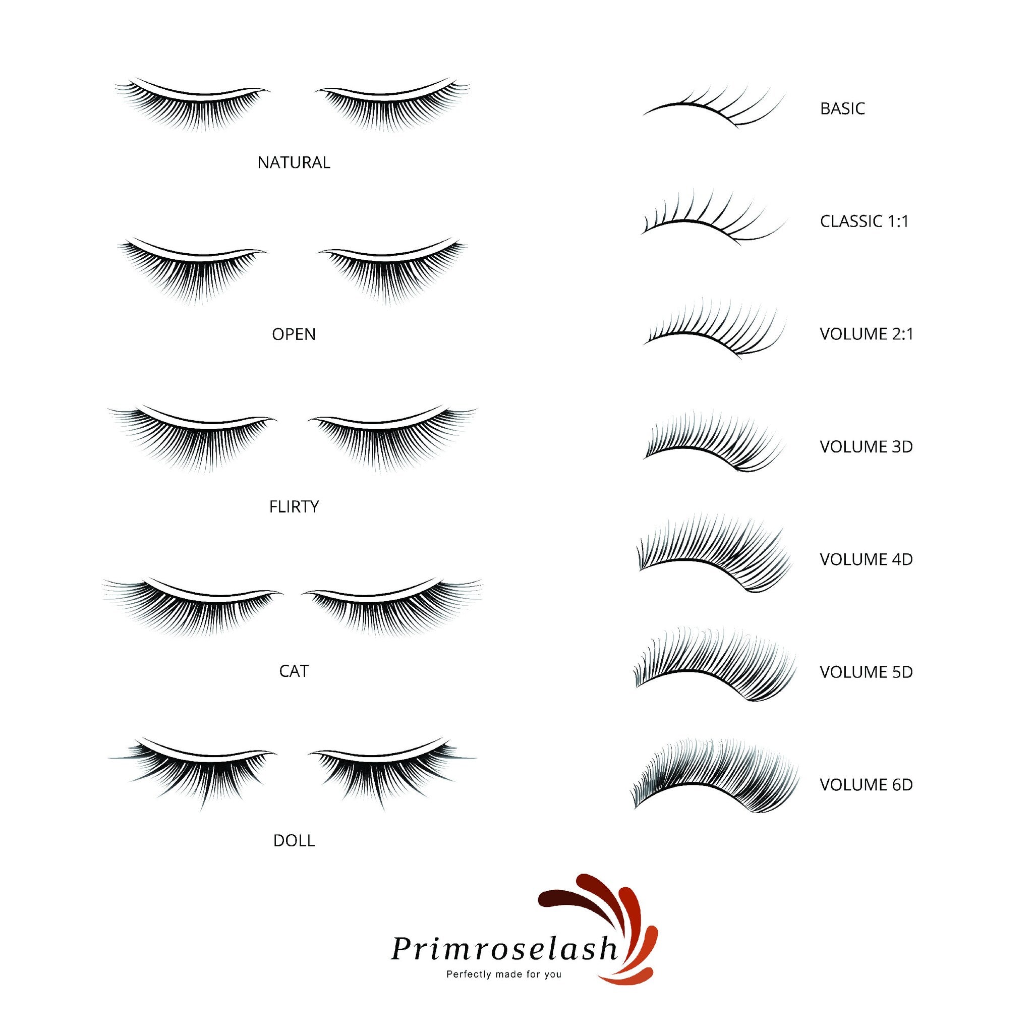 Eyelash styles chart with black synthetic lashes in various designs, Primroselash brand logo visible