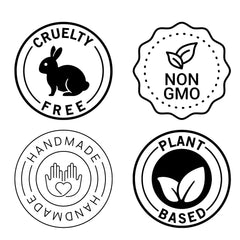 Product icons, black and white circular designs, including Cruelty Free bunny, Non GMO leaf, Handmade hands, Plant Based leaves
