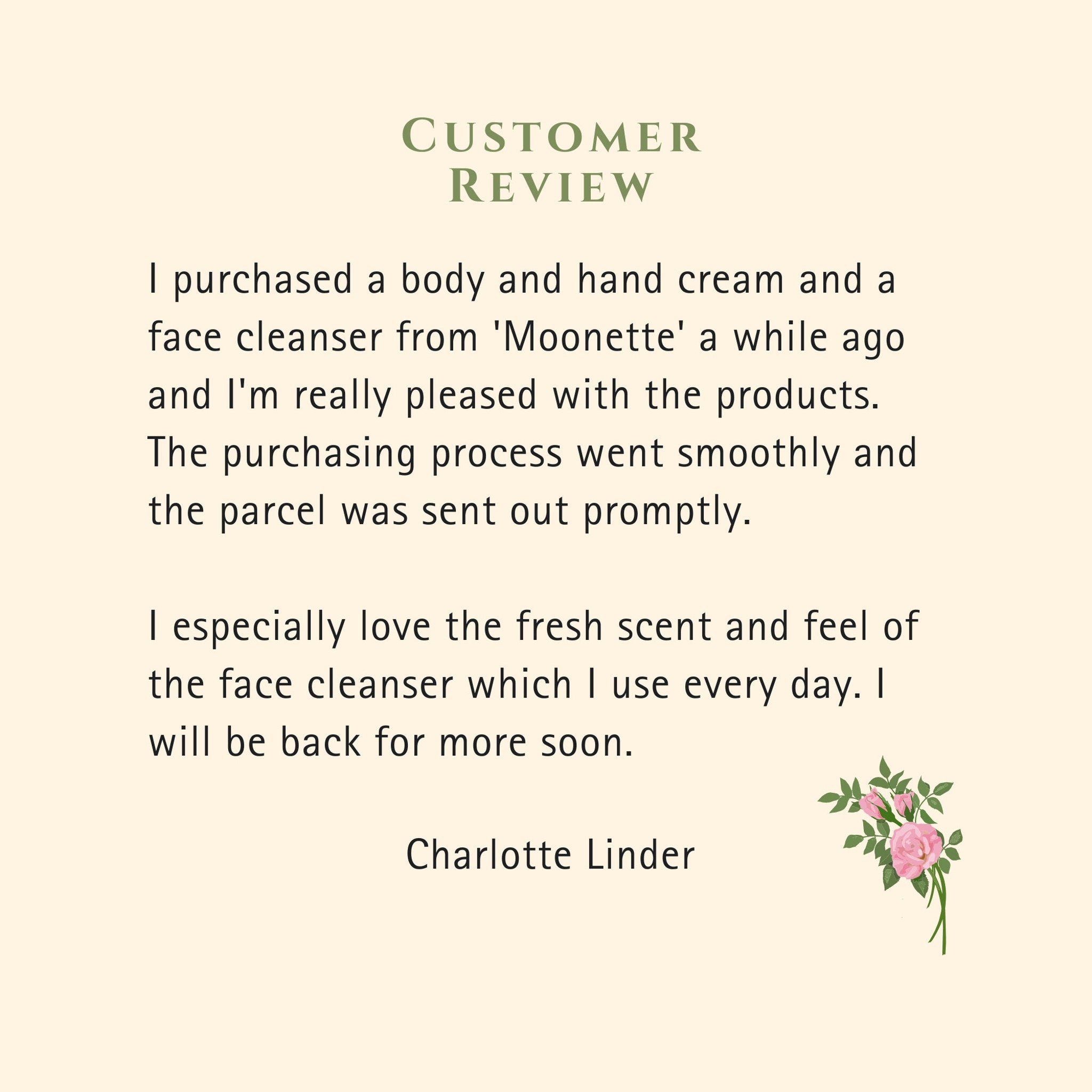 Customer review text on cream colored background with floral illustration, black text, and Moonette mention