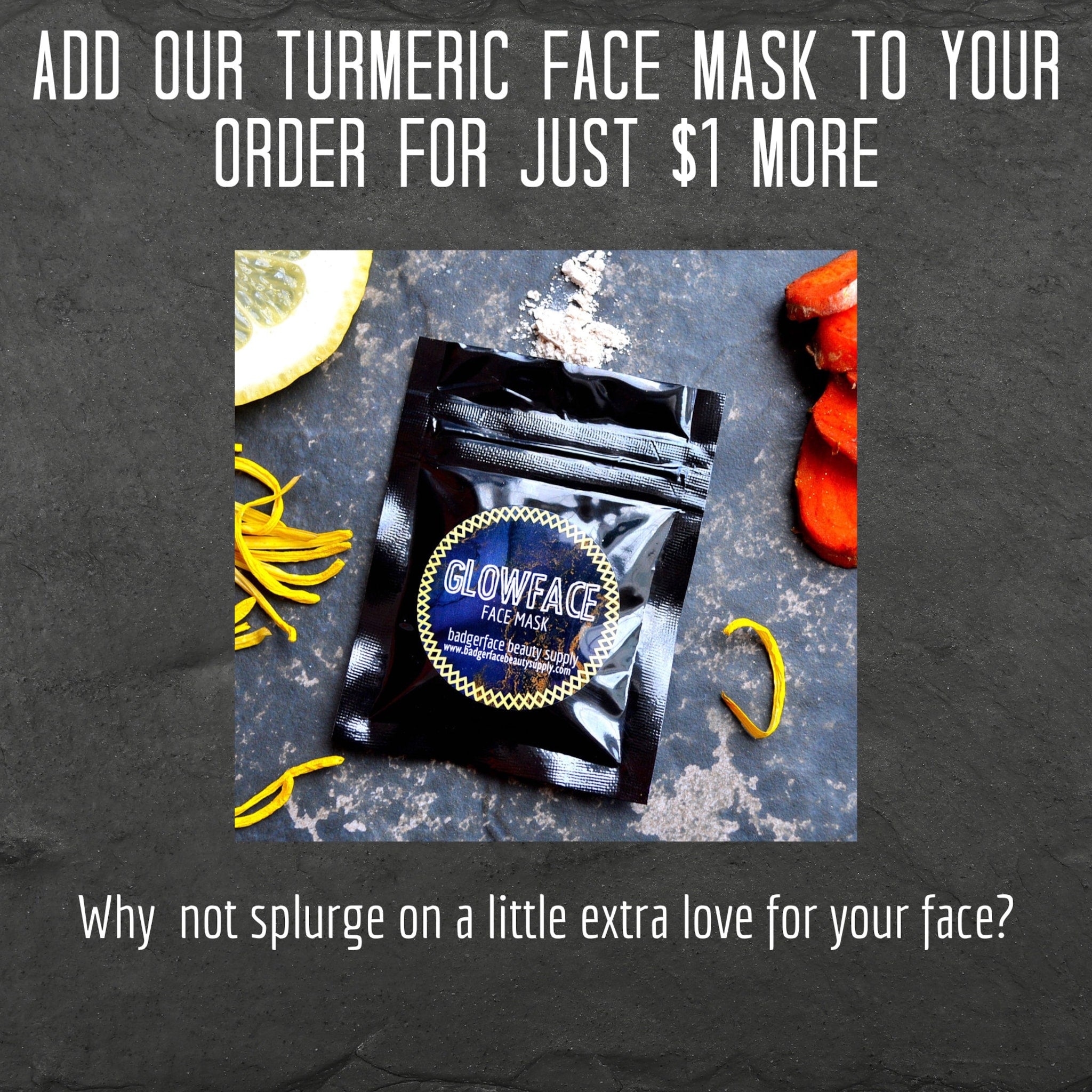 Turmeric face mask in black foil pouch, with Glowface label, on dark stone surface