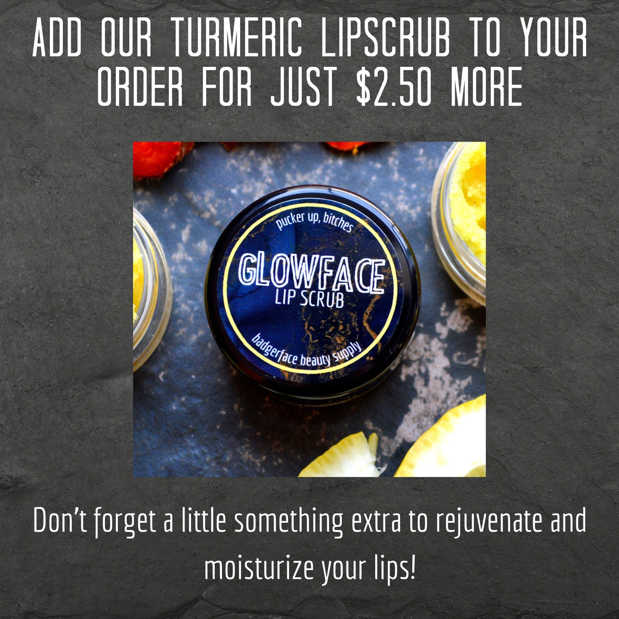 Lip scrub with black and gold lid, yellow scrub, and "GLOWFACE" text on top