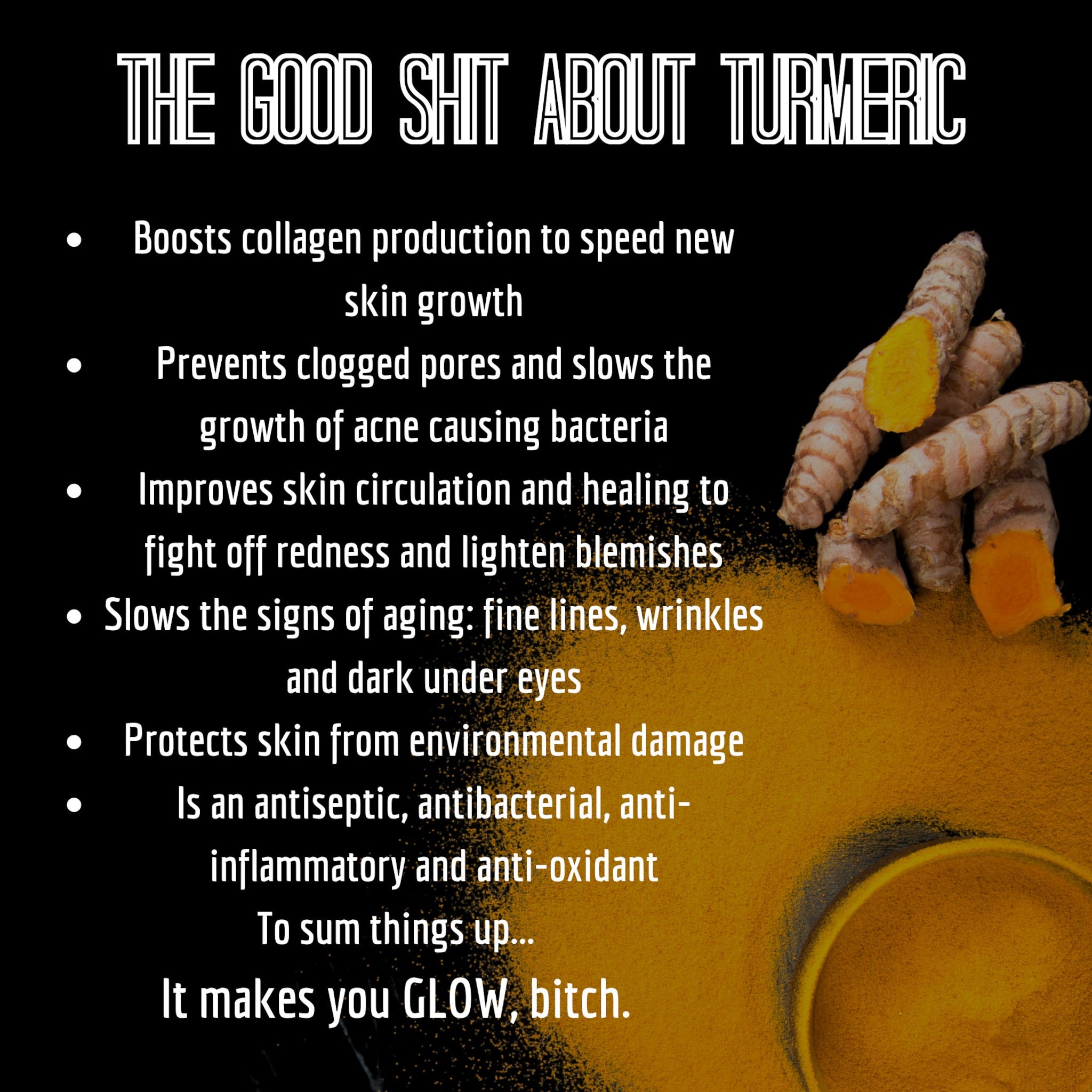 Turmeric benefits graphic with black background, white text, and turmeric root and powder