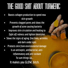 Turmeric benefits graphic with black background, white text, and turmeric root and powder