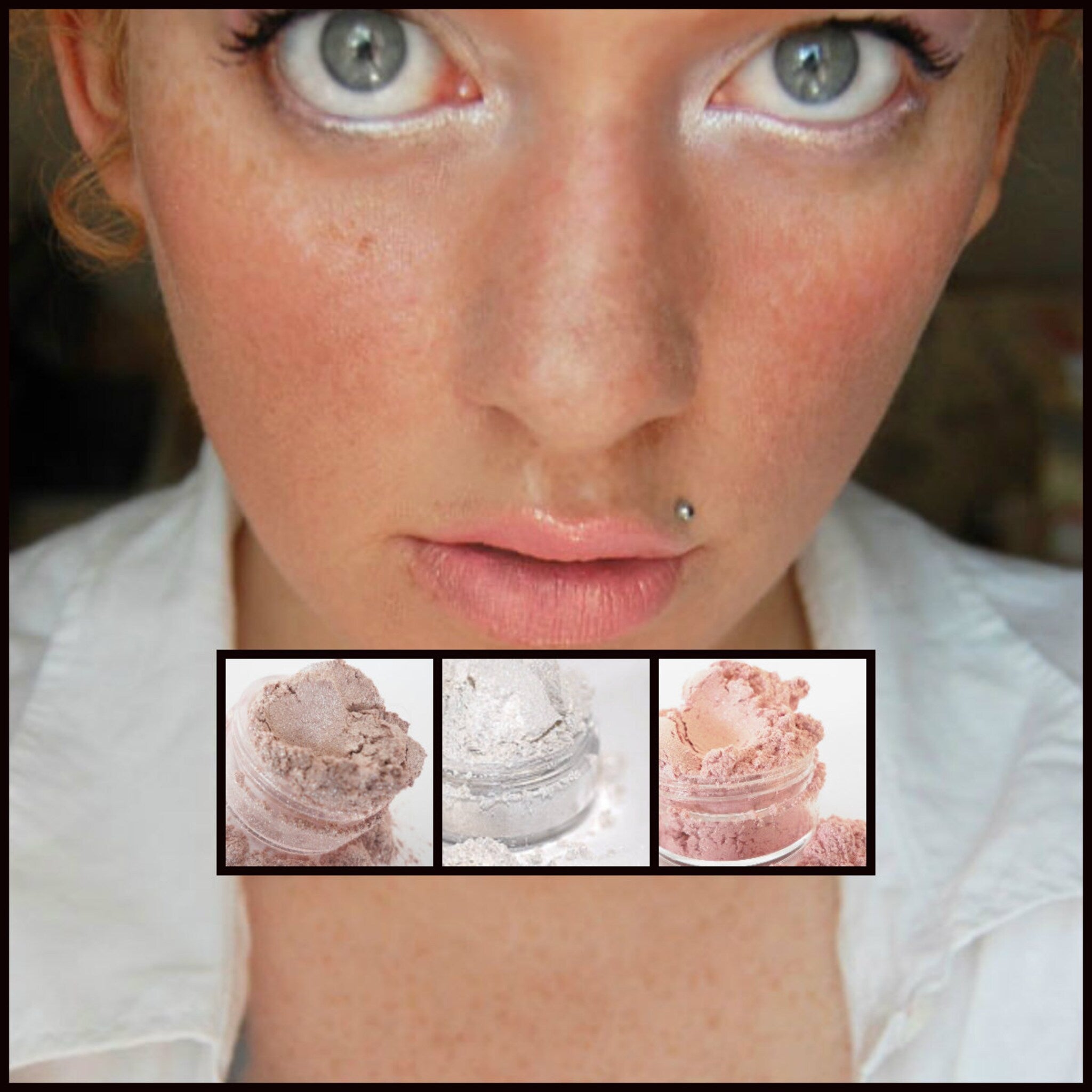 Square compact of luminous white and pale pink shimmer eyeshadow with mirrored lid, displayed open on marble surface