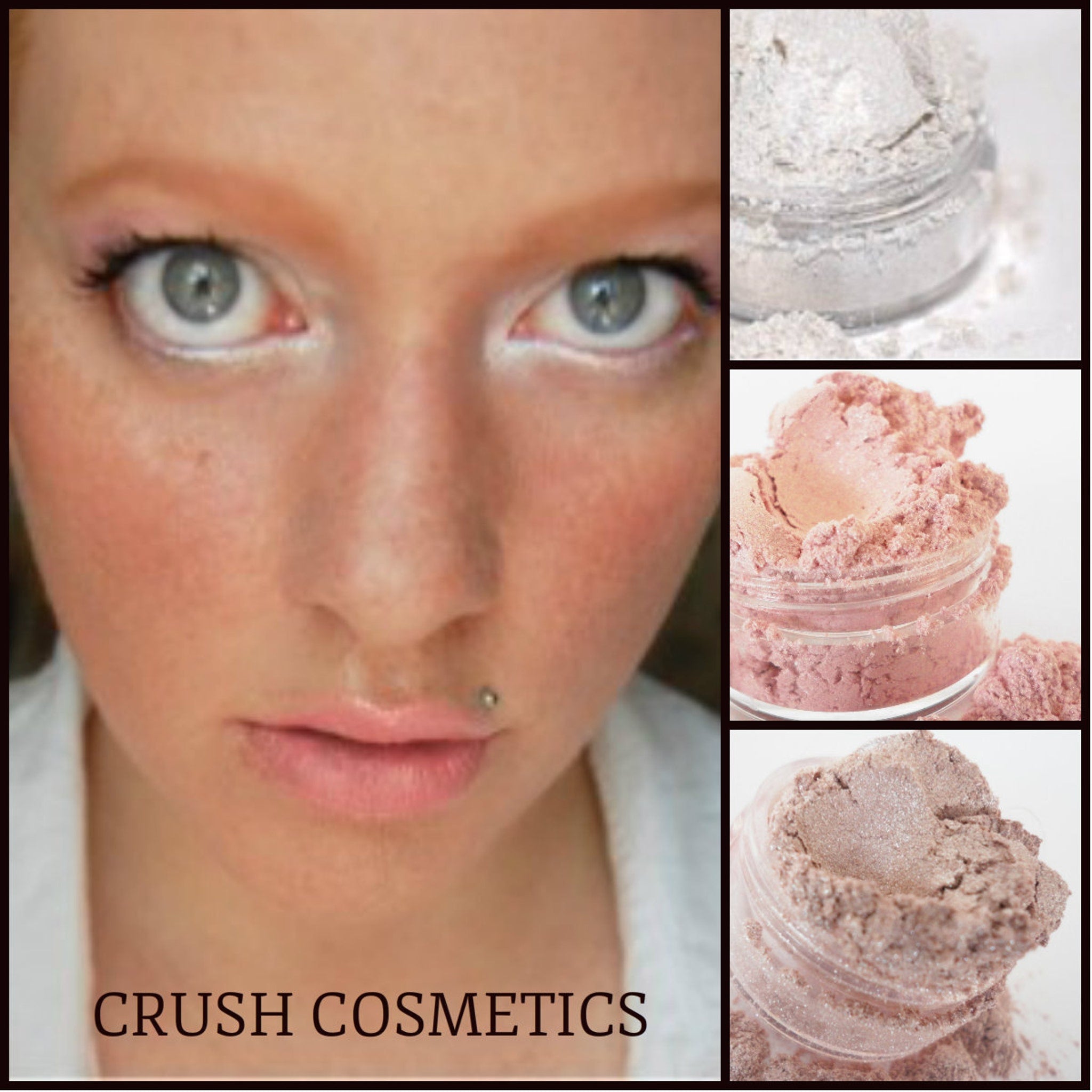 Luminous white and pale pink mineral eyeshadow duo with shimmer finish in compact palette for fairy glow