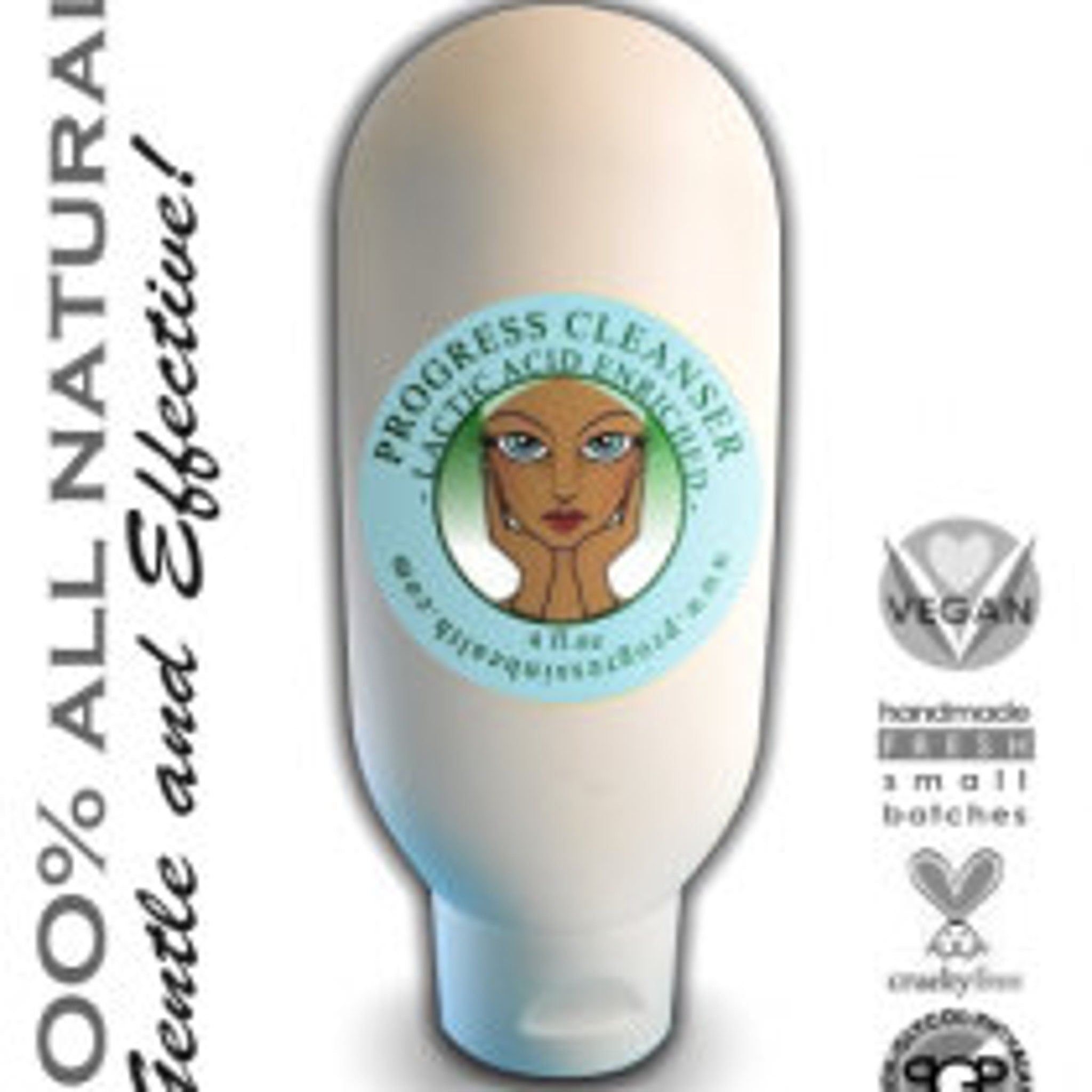 Facial Cleanser bottle, white oval shape, blue label with text and face illustration, Erzulie Cosmetics