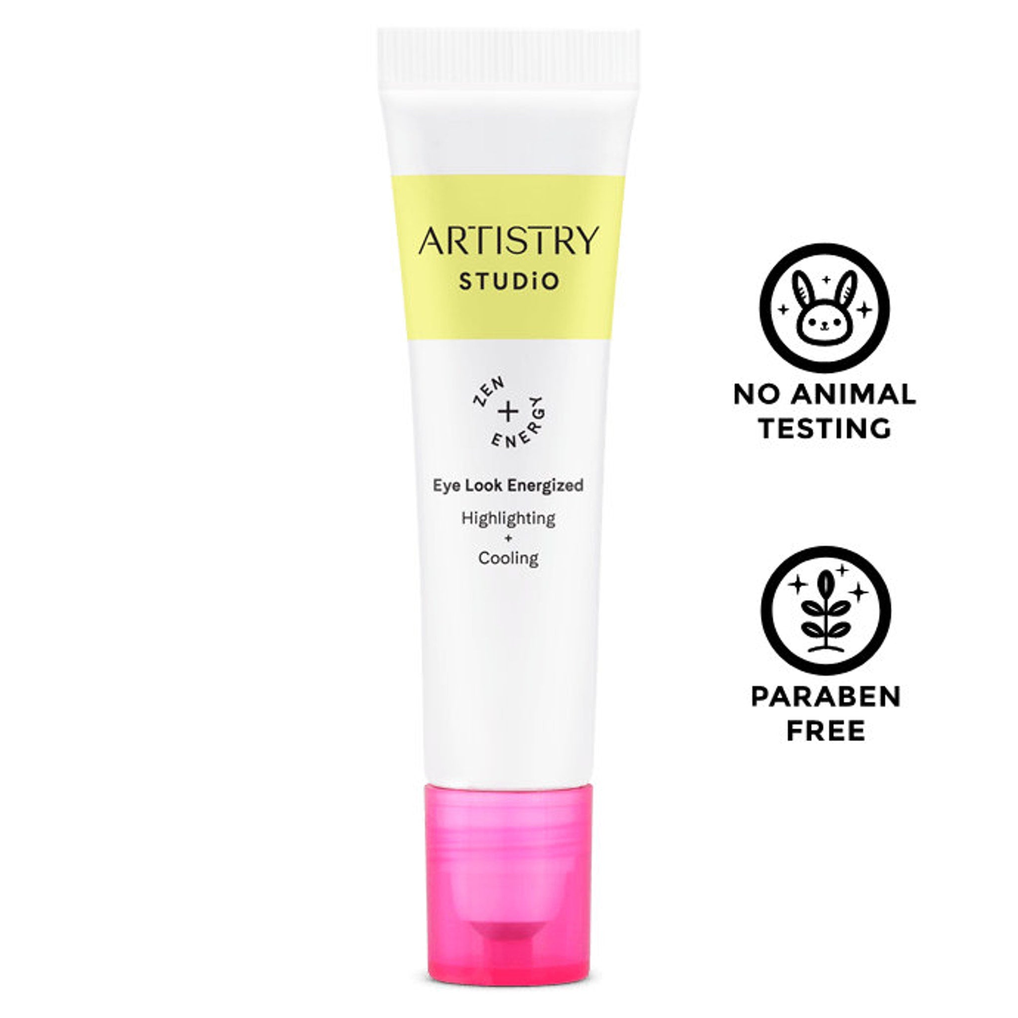 Eye cream tube with white, yellow, and pink sections, ARTISTRY STUDIO branding visible