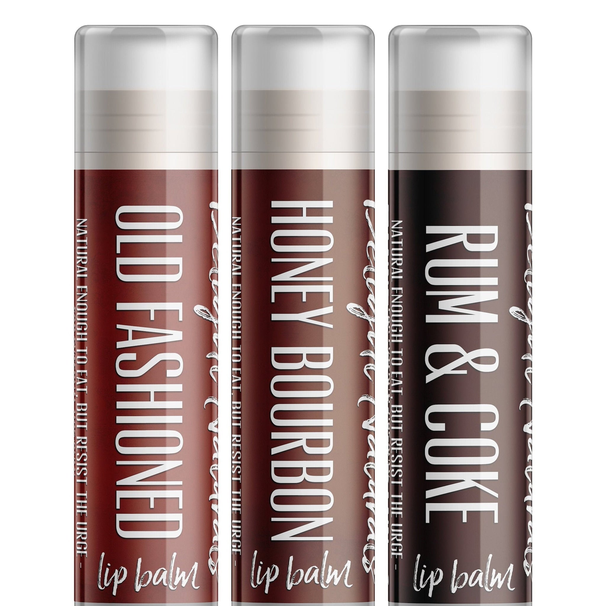 Lip balm set with white text on brown, red, and black tubes, Delight Naturals brand