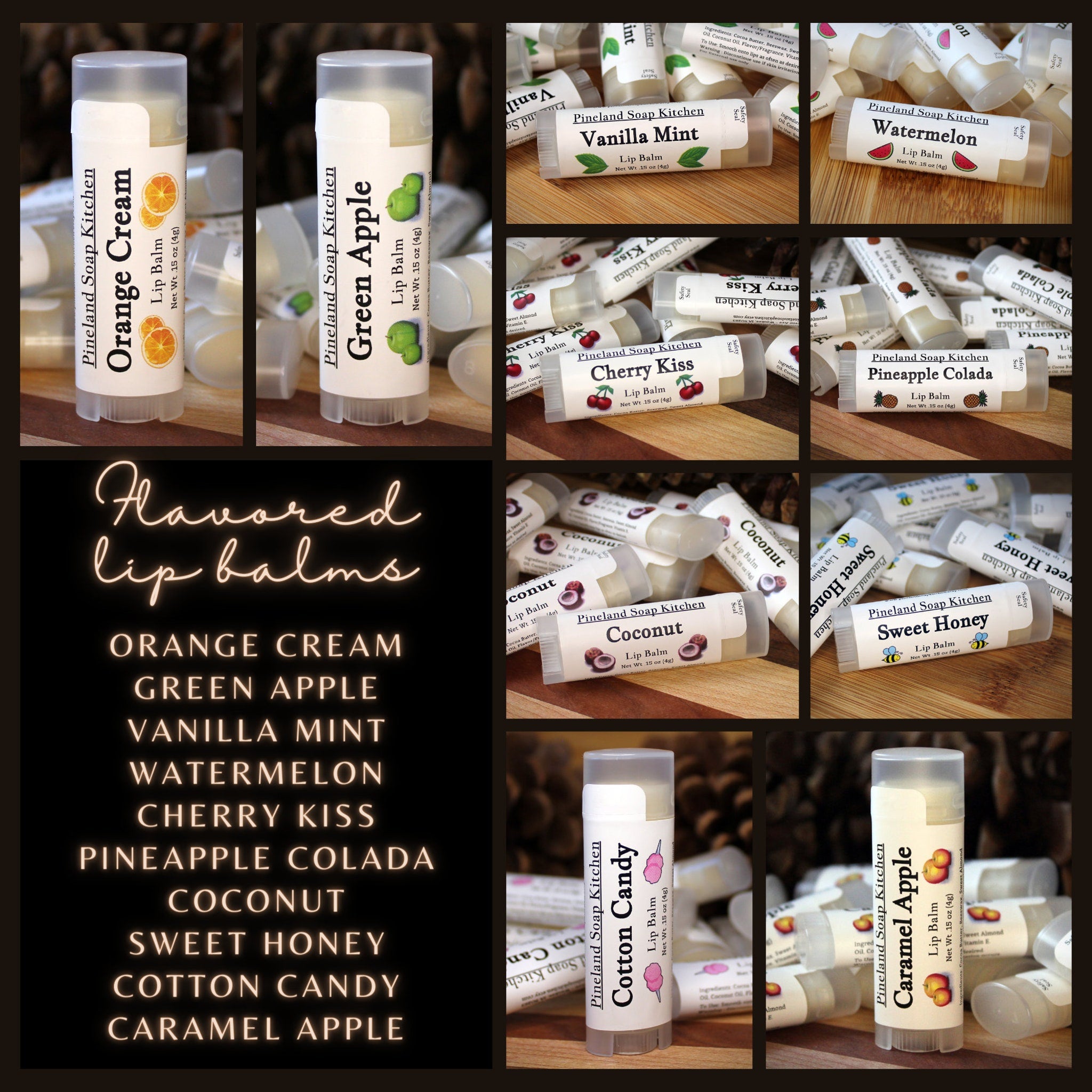 Lip balm tubes with various flavors, white tubes with black text, Pineland Soap Kitchen brand