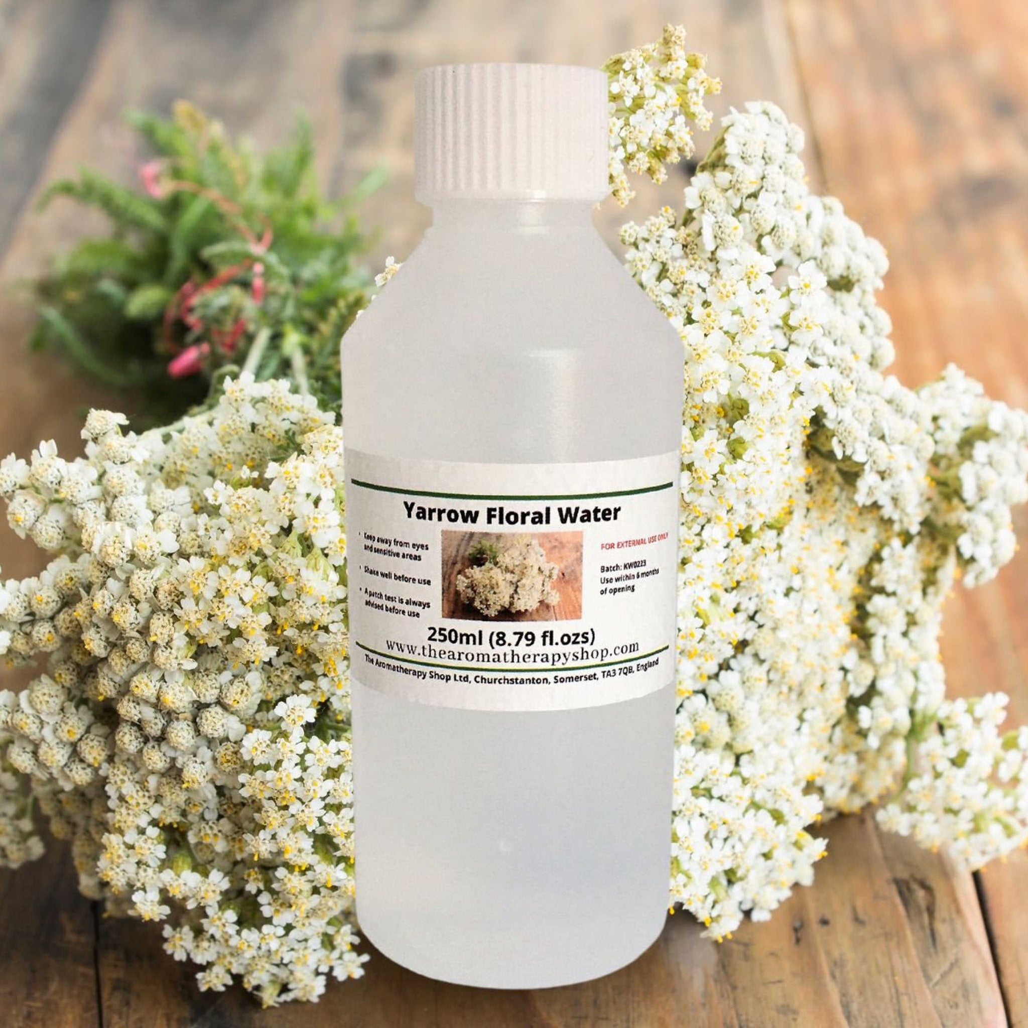 Close-up of yarrow floral water misting from an elegant glass bottle with gold accents, showcasing its fine spray and delicate texture