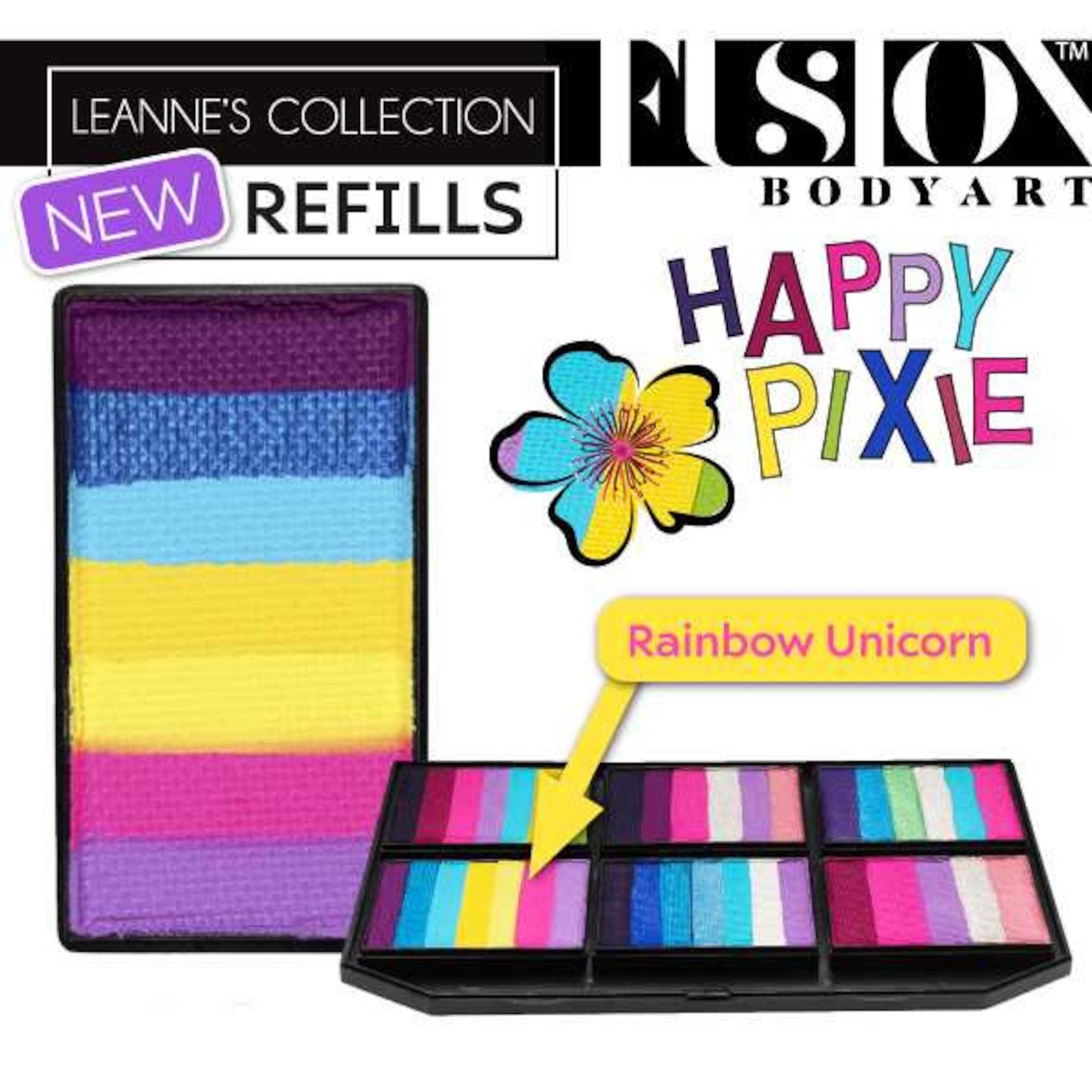 Face paint refills with rainbow color palette, Fusion Body Art brand, for body art use