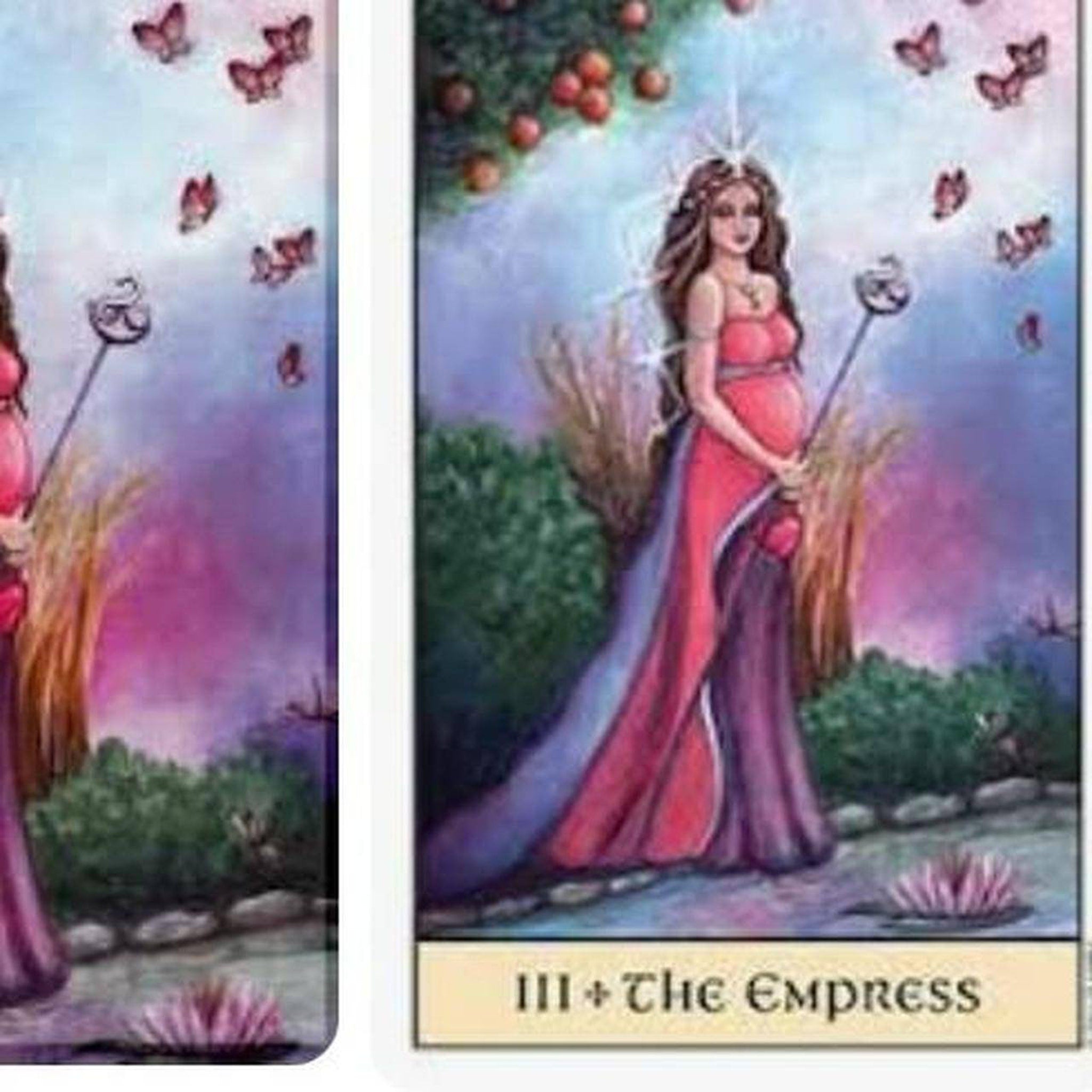 Tarot card with red and purple dress, woman holding staff, and butterflies in a fantasy scene.