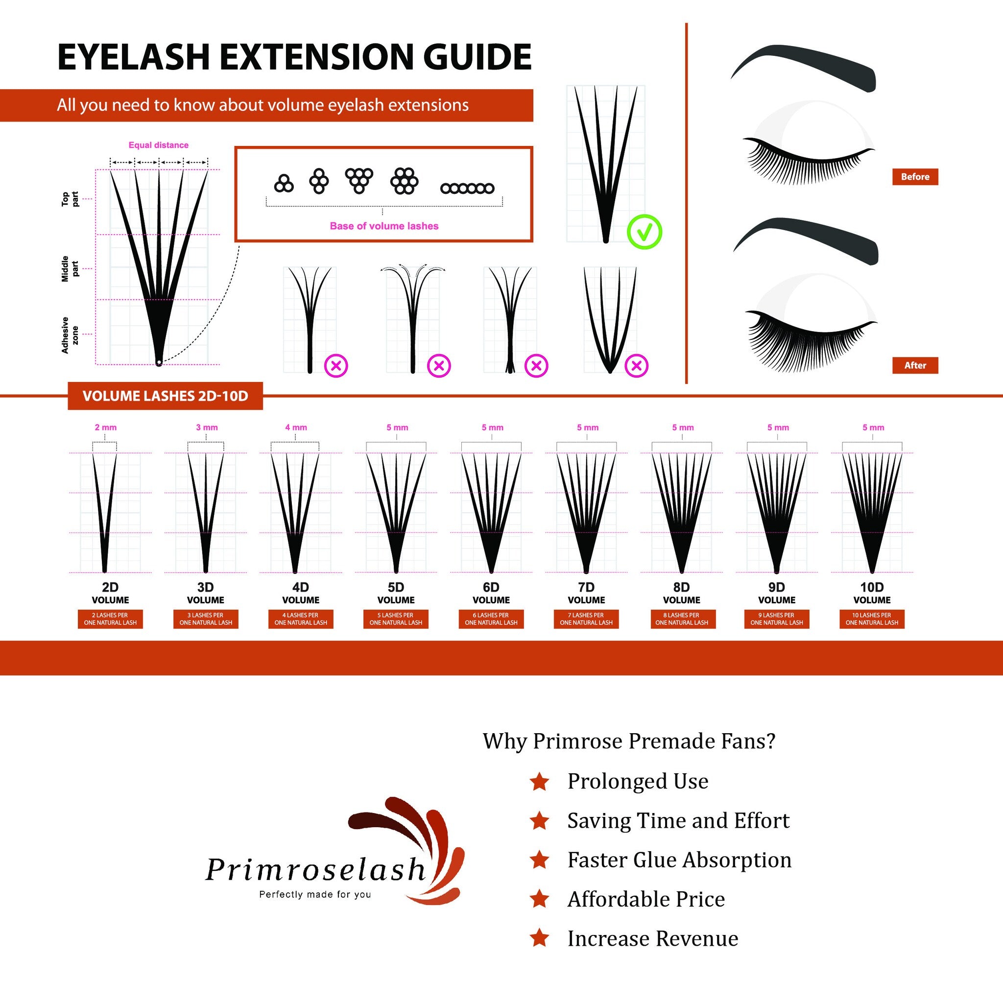 Eyelash extension guide with black lash diagrams, white background, and Primroselash logo for reference