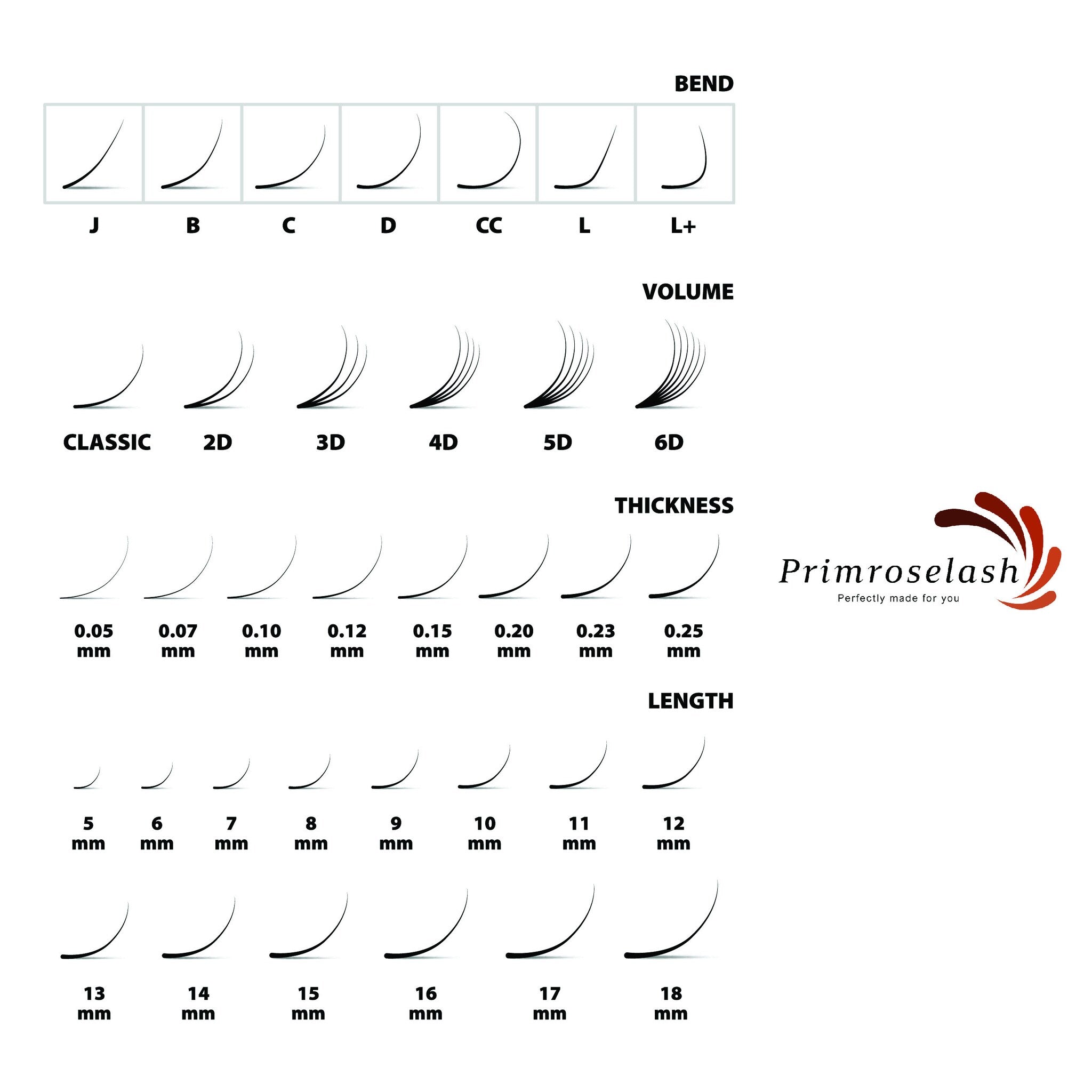 Eyelash extension styles chart with black curved lines, varied lengths, and Primroselash logo