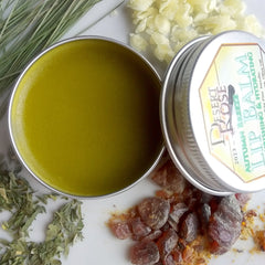 Lip balm in silver tin, green balm, with "Desert Rose" label and dried herbs around