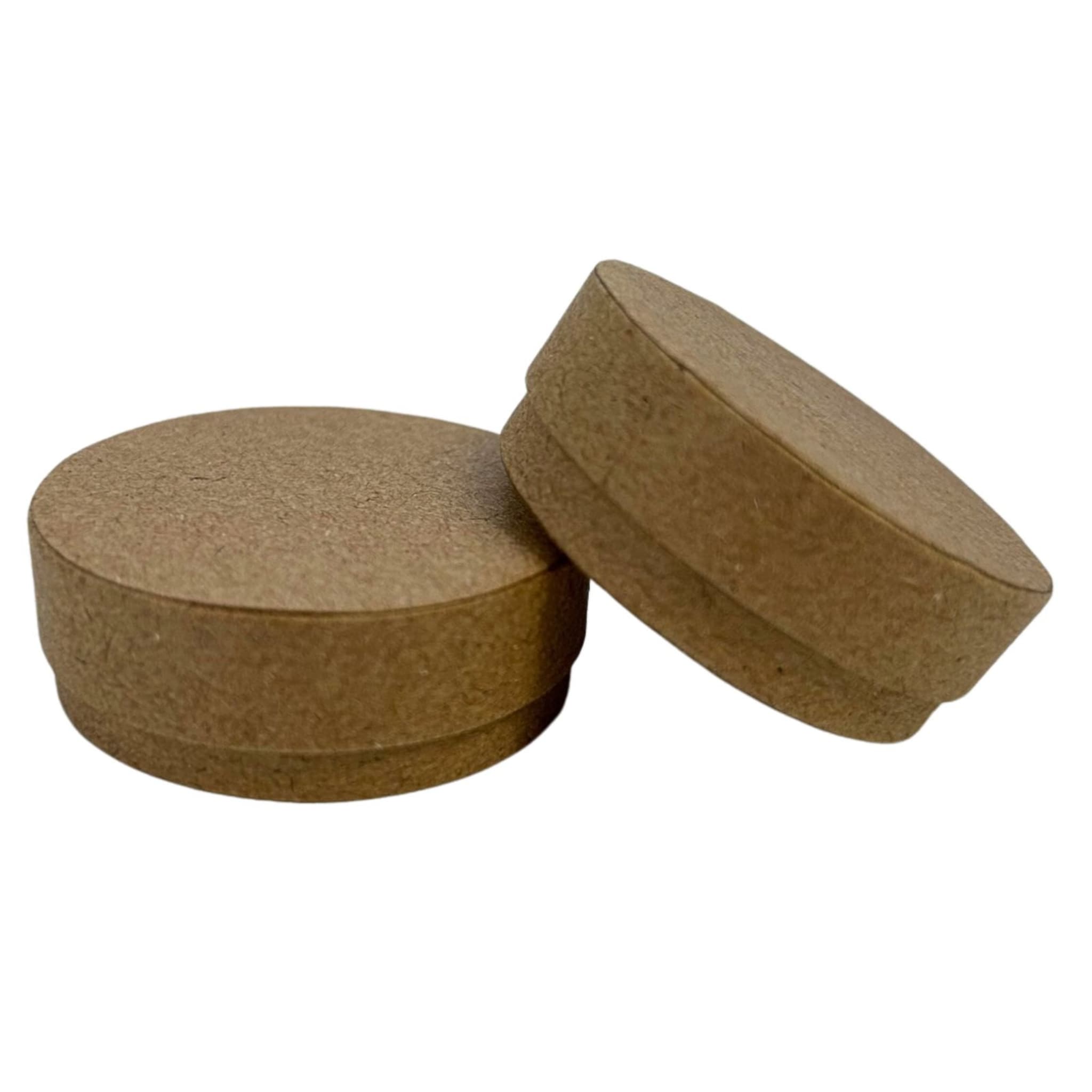 Round cardboard boxes in brown with textured surface and lid open