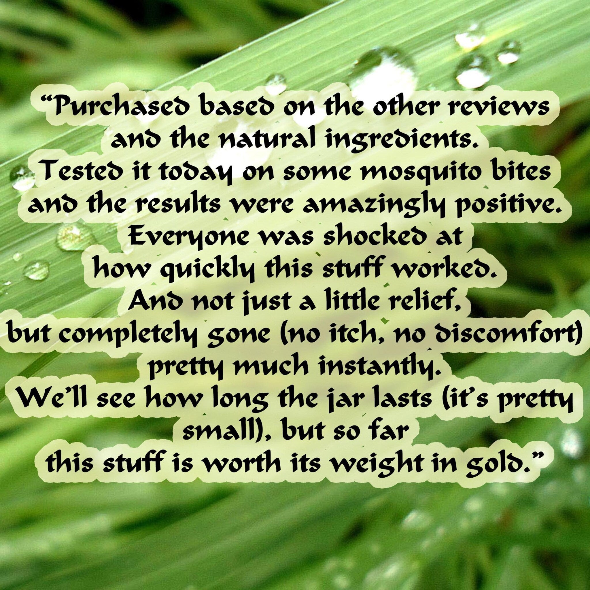 Green leaf with text, water droplets, and light yellow text bubbles, showing a review