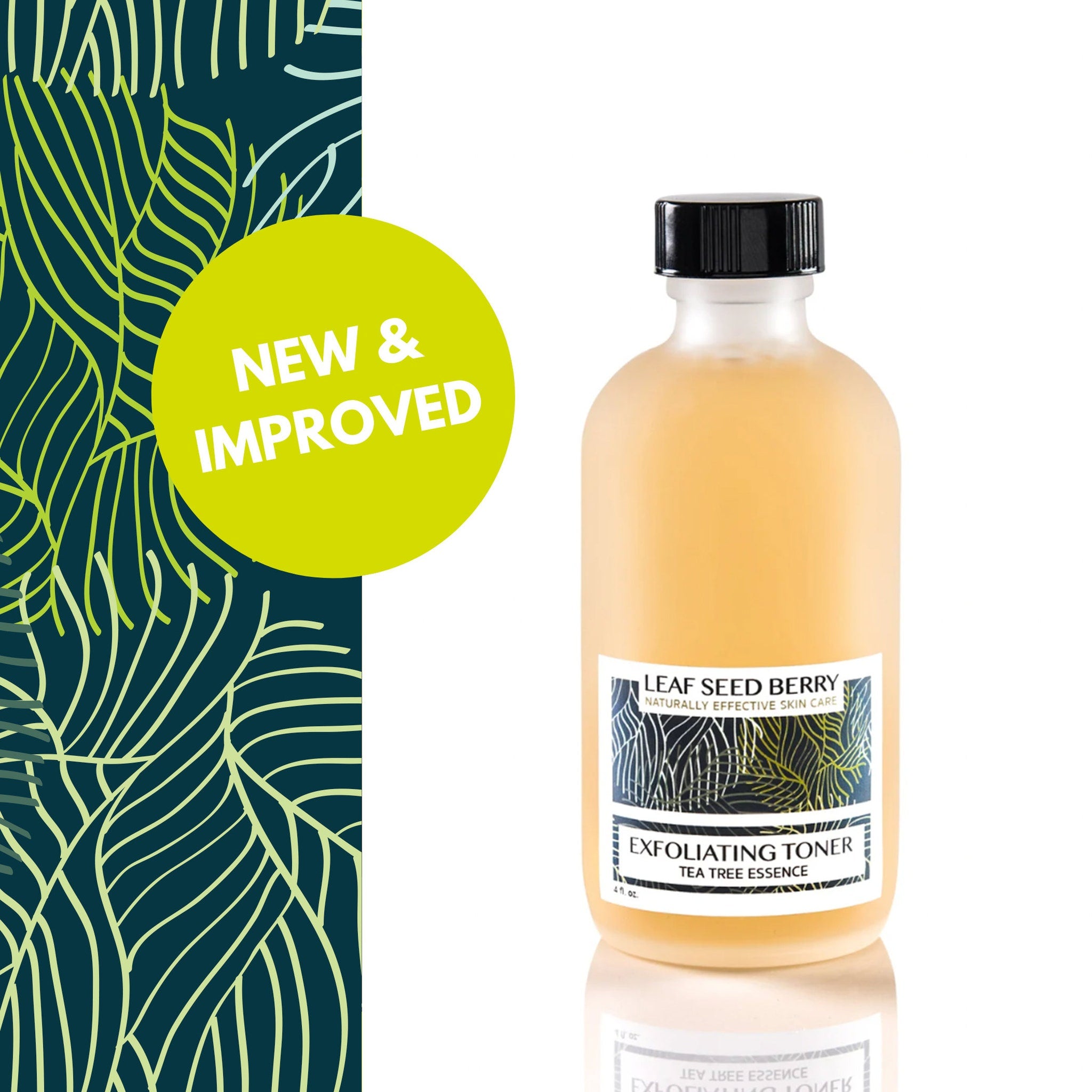 Exfoliating toner bottle with black cap, frosted glass, and LeafSeedBerry label