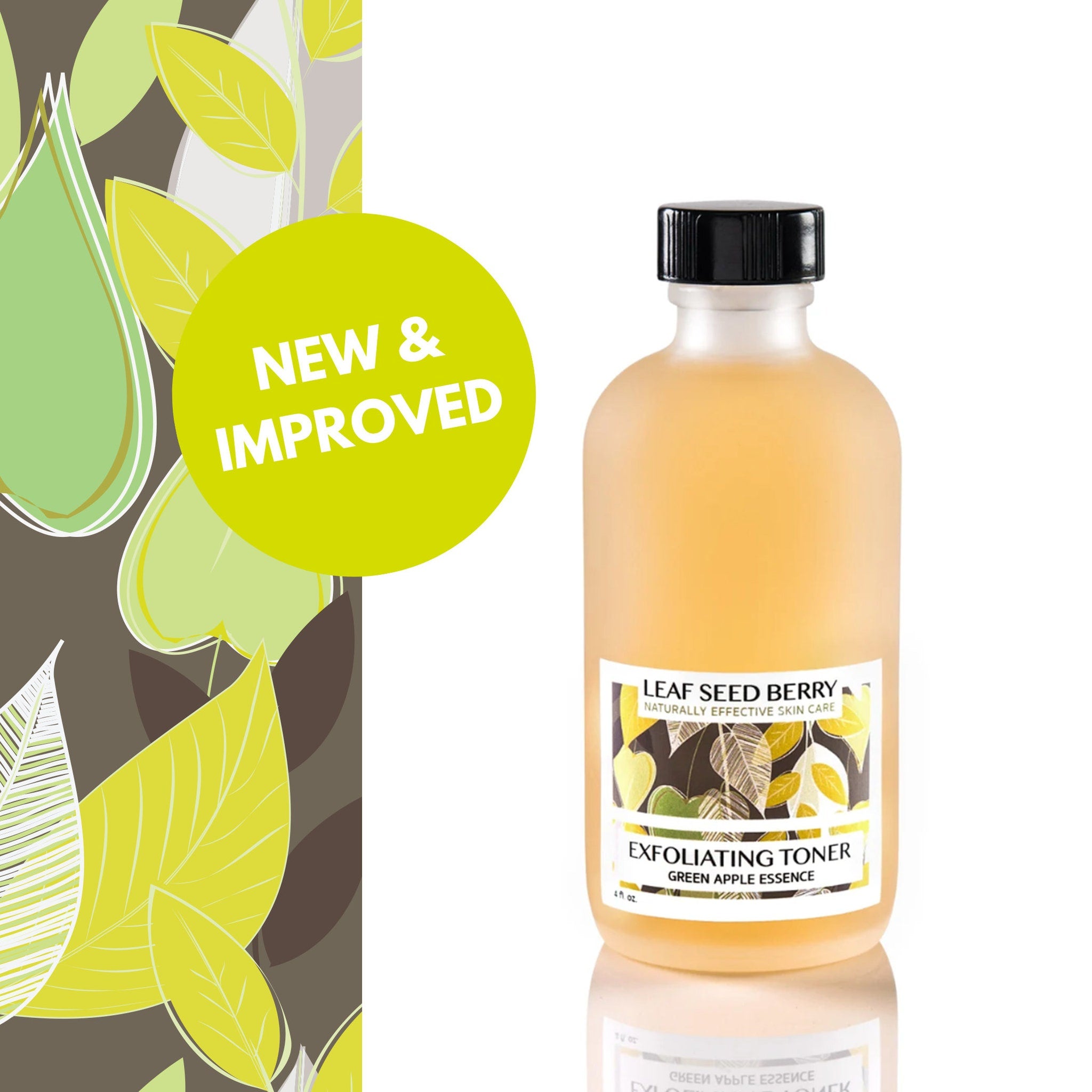 Skin toner bottle with yellow liquid, black cap, and LeafSeedBerry label, with leaf pattern background
