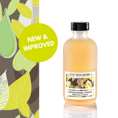 Skin toner bottle with yellow liquid, black cap, and LeafSeedBerry label, with leaf pattern background