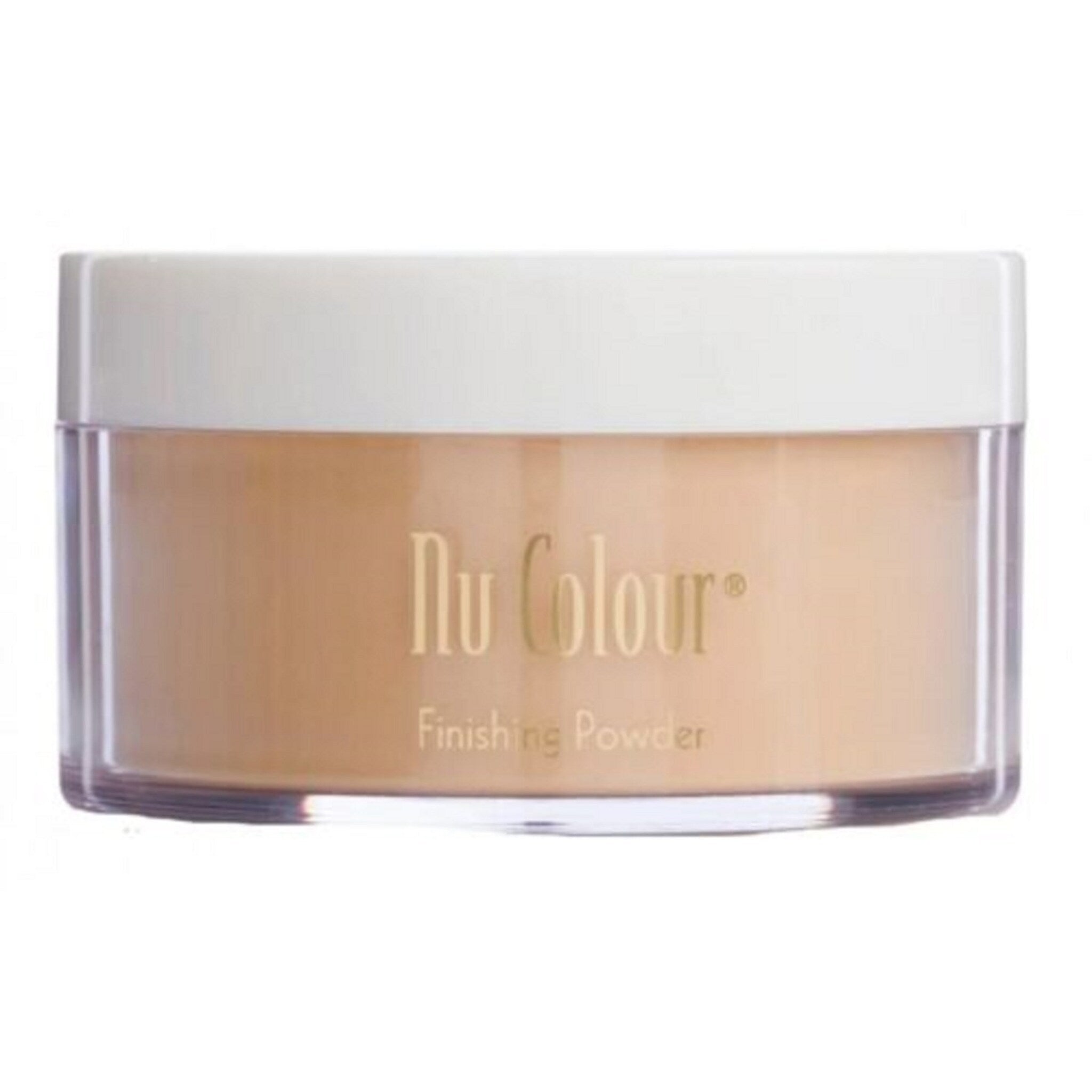 Finishing powder in clear jar with white lid, Nu Colour brand name visible