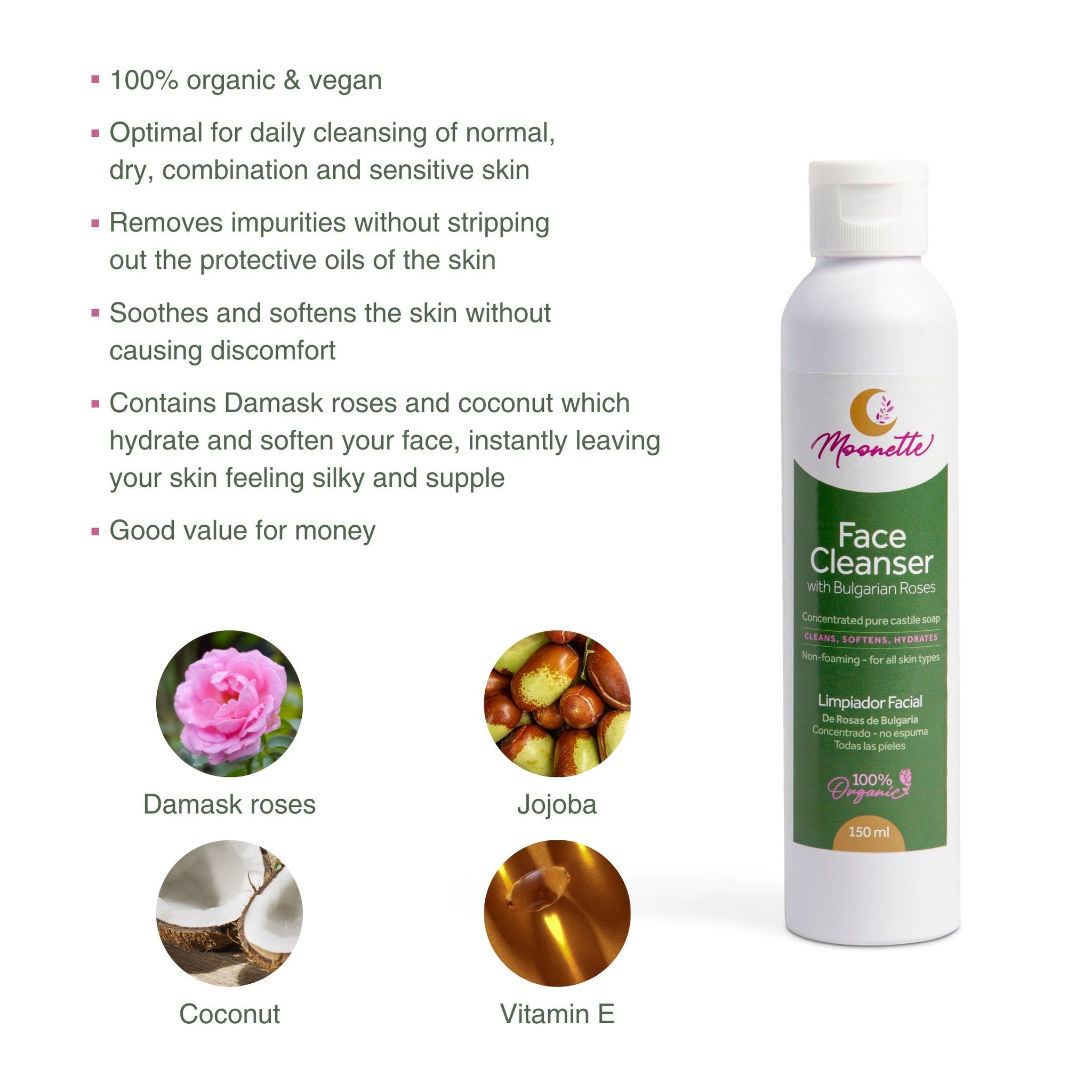 Face cleanser bottle, white plastic, green label, Moonette branding, for cleansing skin