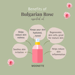 Bulgarian Rose essential oil bottle, pink and yellow, with benefits for skin