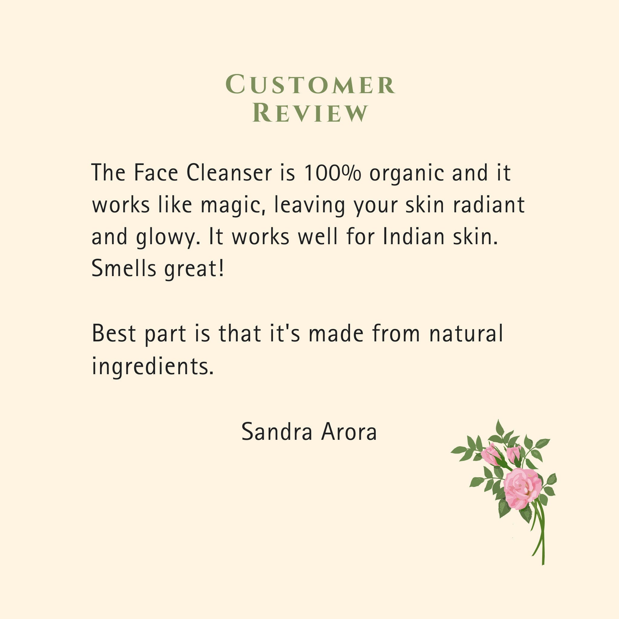 Customer review on cream background with green text and pink flower illustration