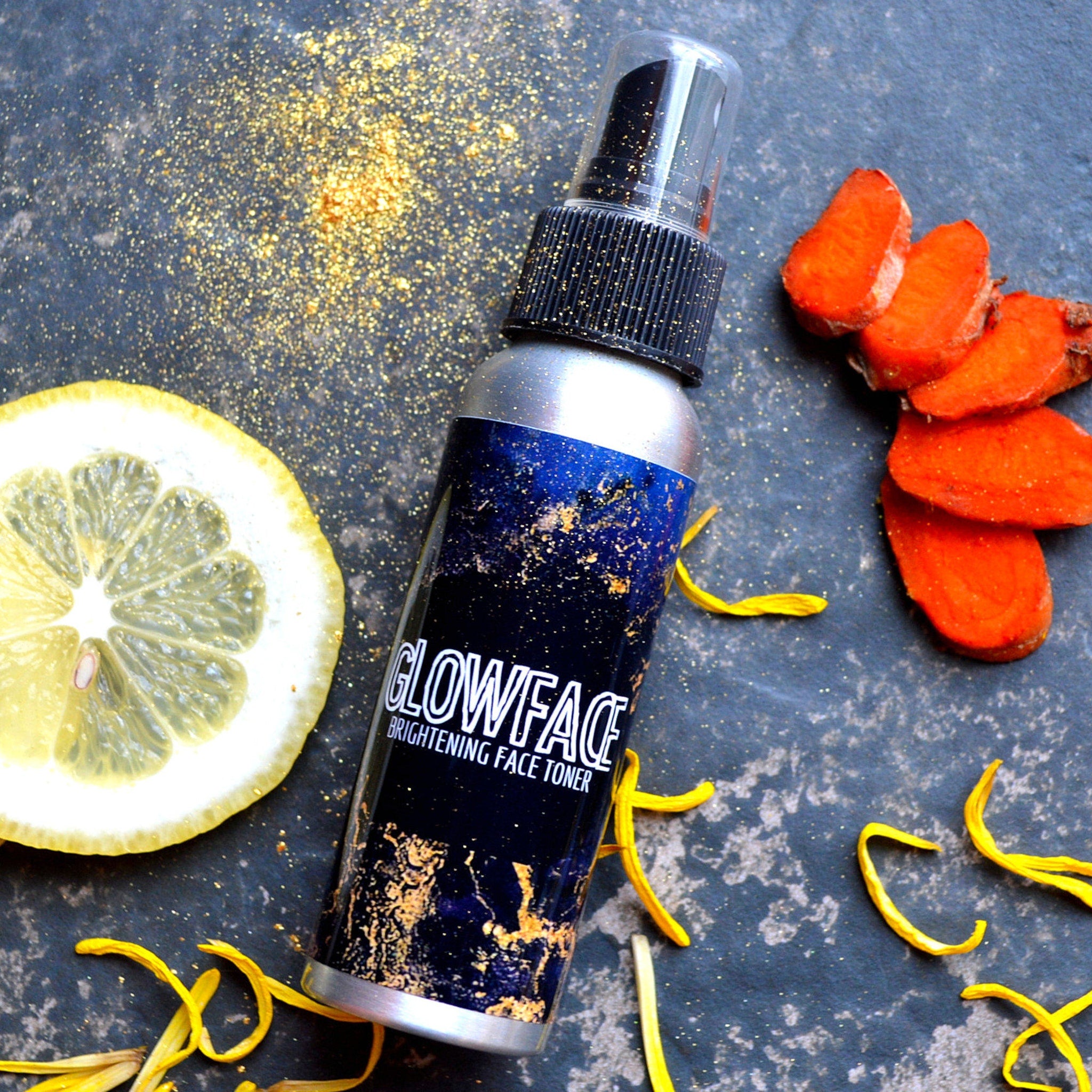 Brightening Facial Toner, silver and black bottle, "GLOWFACE" label, with turmeric and lemon