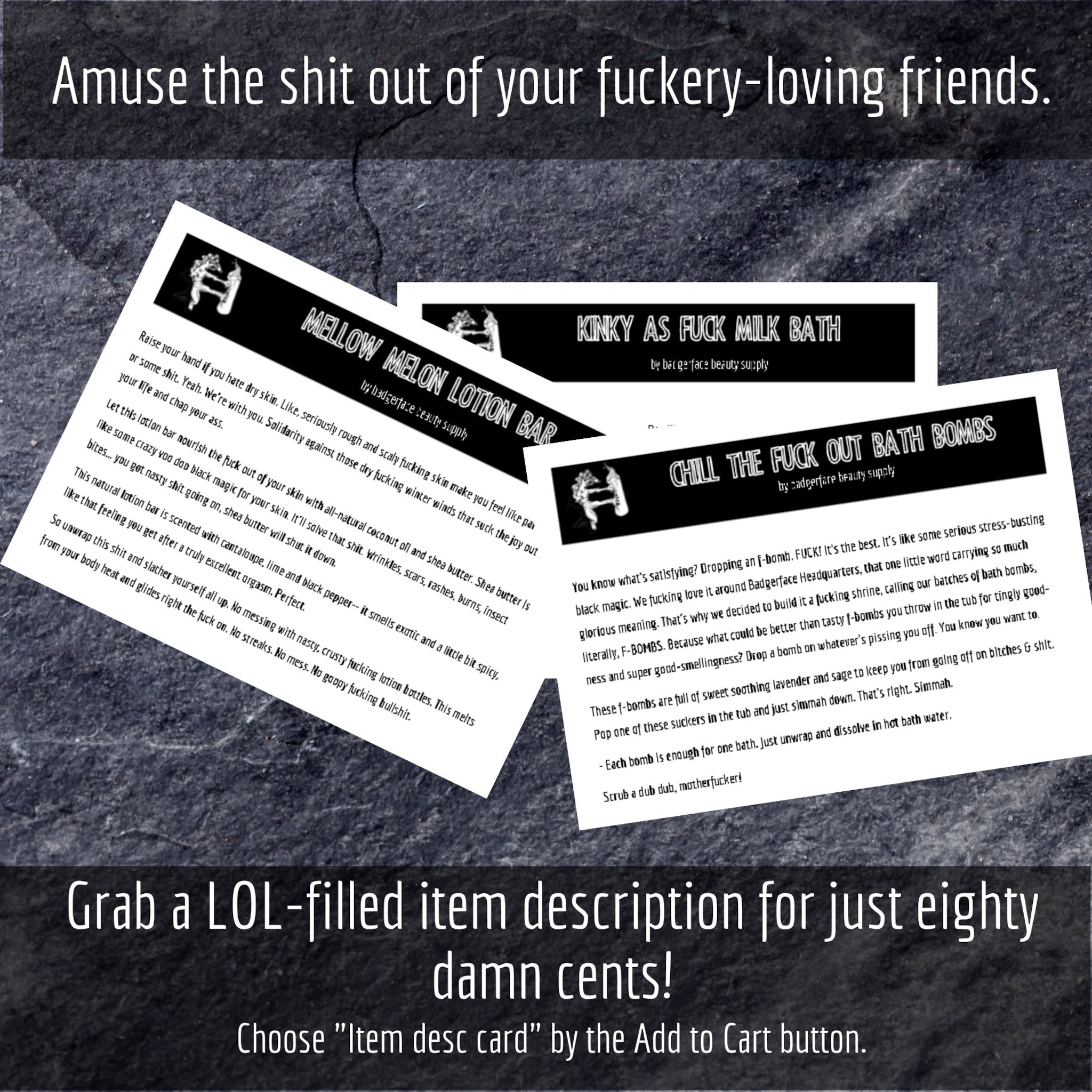 Product descriptions on white paper with black text, including "MELLOW MELON LOTION BAR" by "badgerface beauty supply