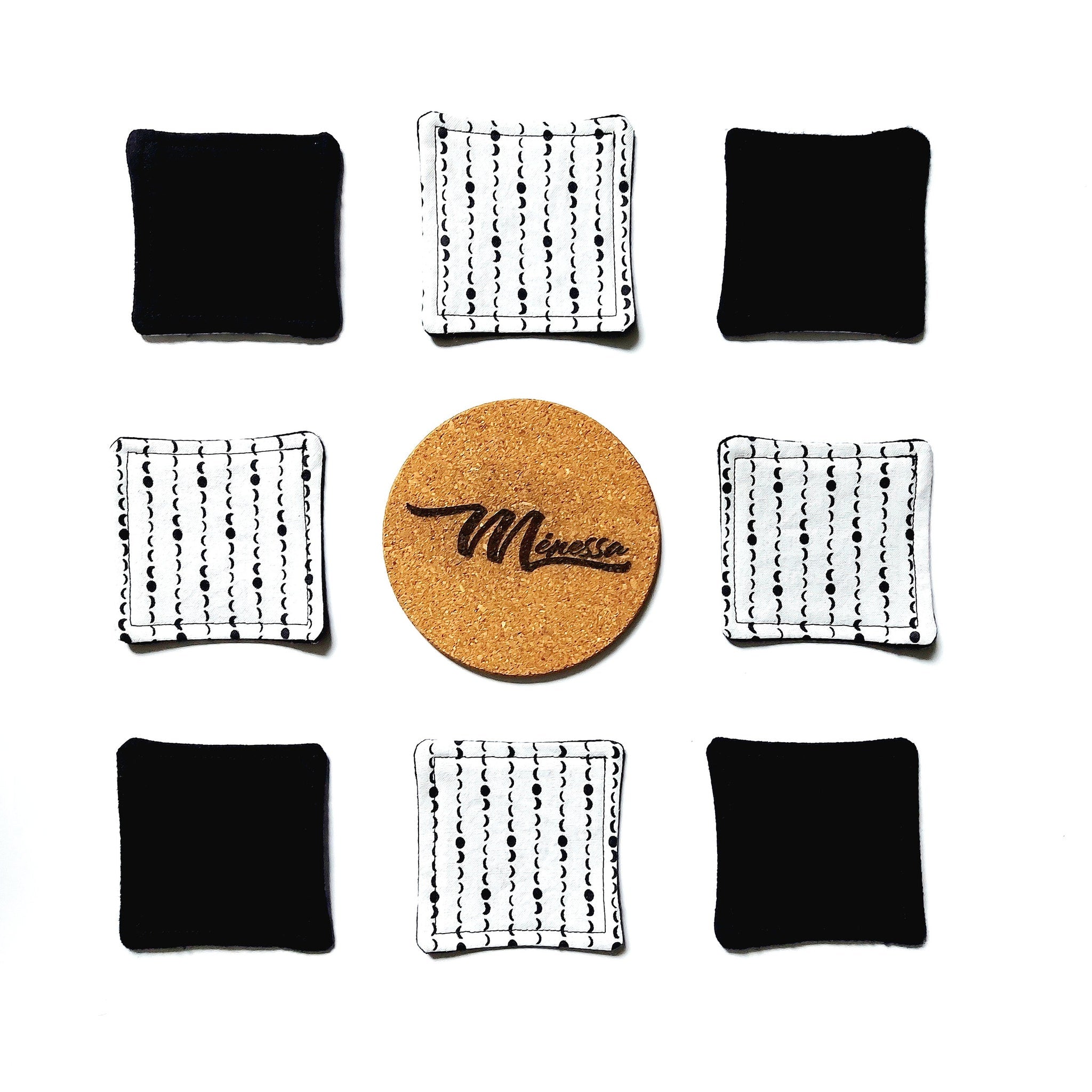 Coasters, black square, white patterned, cork center with "Minessa" brand name